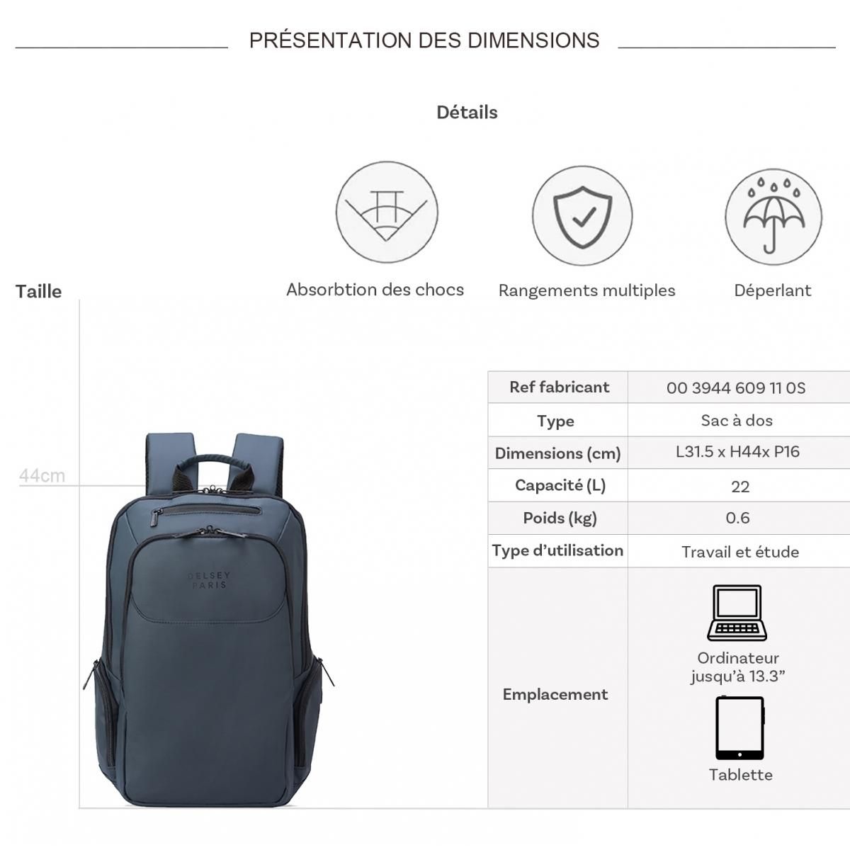 Delsey Sac à dos porte-ordinateur double compartiment Parvis Plus 15.6''