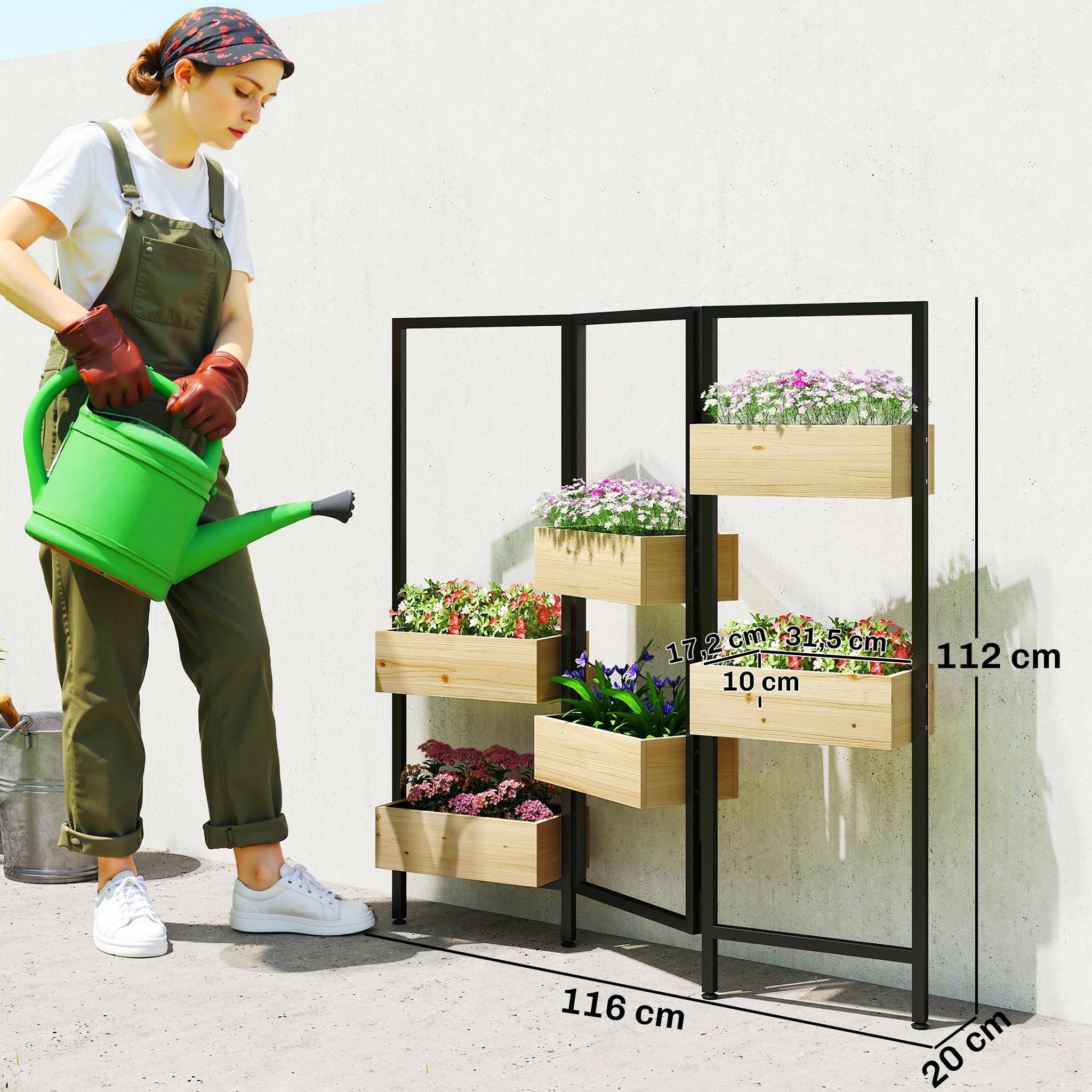 Voir la diapositive 3 : OUTSUNNY Séparateur de pièce intérieur extérieur 3 panneaux - 6 jardinières - acier noir bois