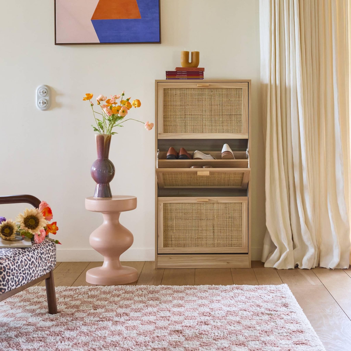 SWEEEK Tapis intérieur shaggy poils longs damier vieux rose et crème