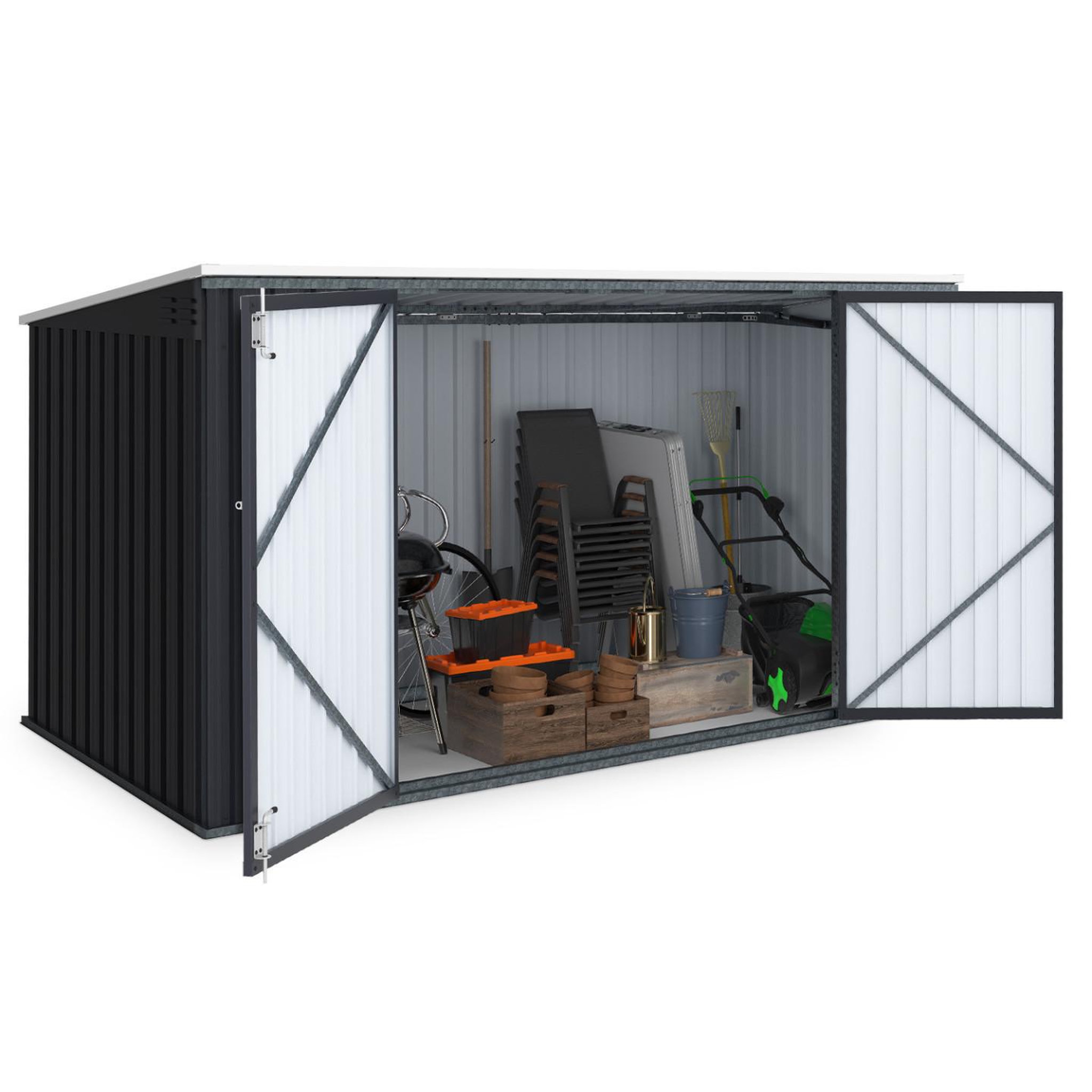 Voir la diapositive 5 : ID MARKET Abri de jardin xxl en métal gris anthracite verrouillable multi-rangement pour stockage vélos, outils, poubelles