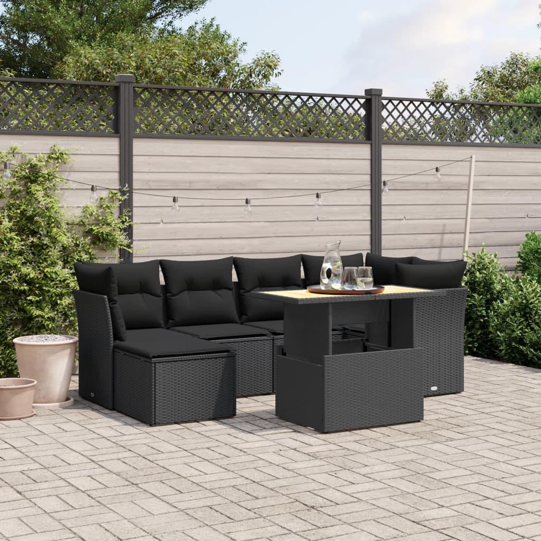 VIDAXL Salon de jardin 7 pcs avec coussins noir resine tressee