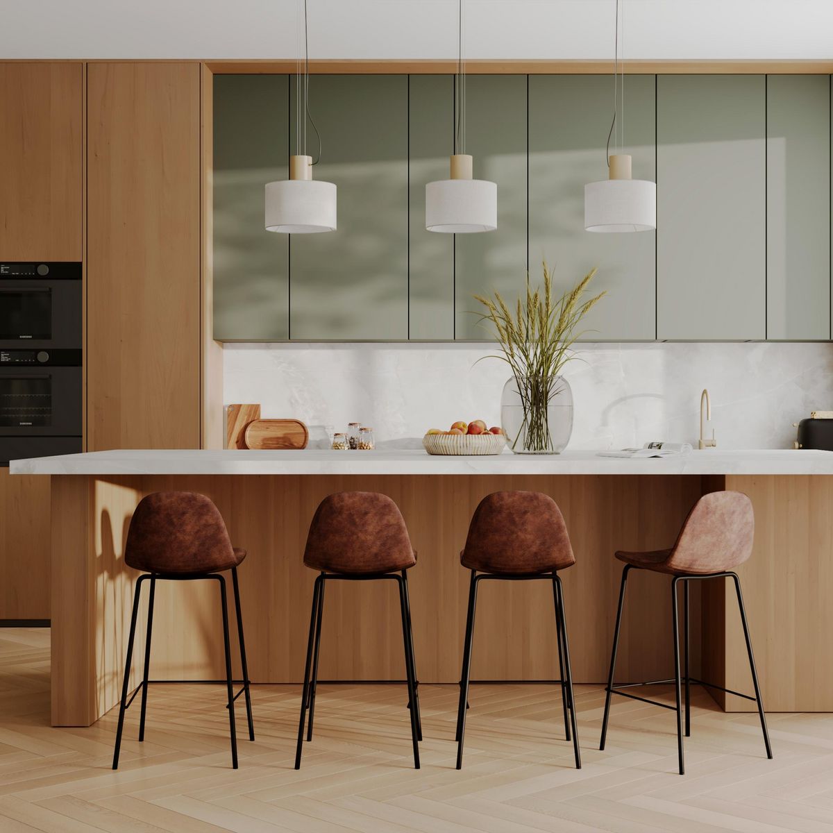 Rendez vous déco Lot de 2 chaises pour îlot central 65 cm en cuir synthétique marron - Henrik