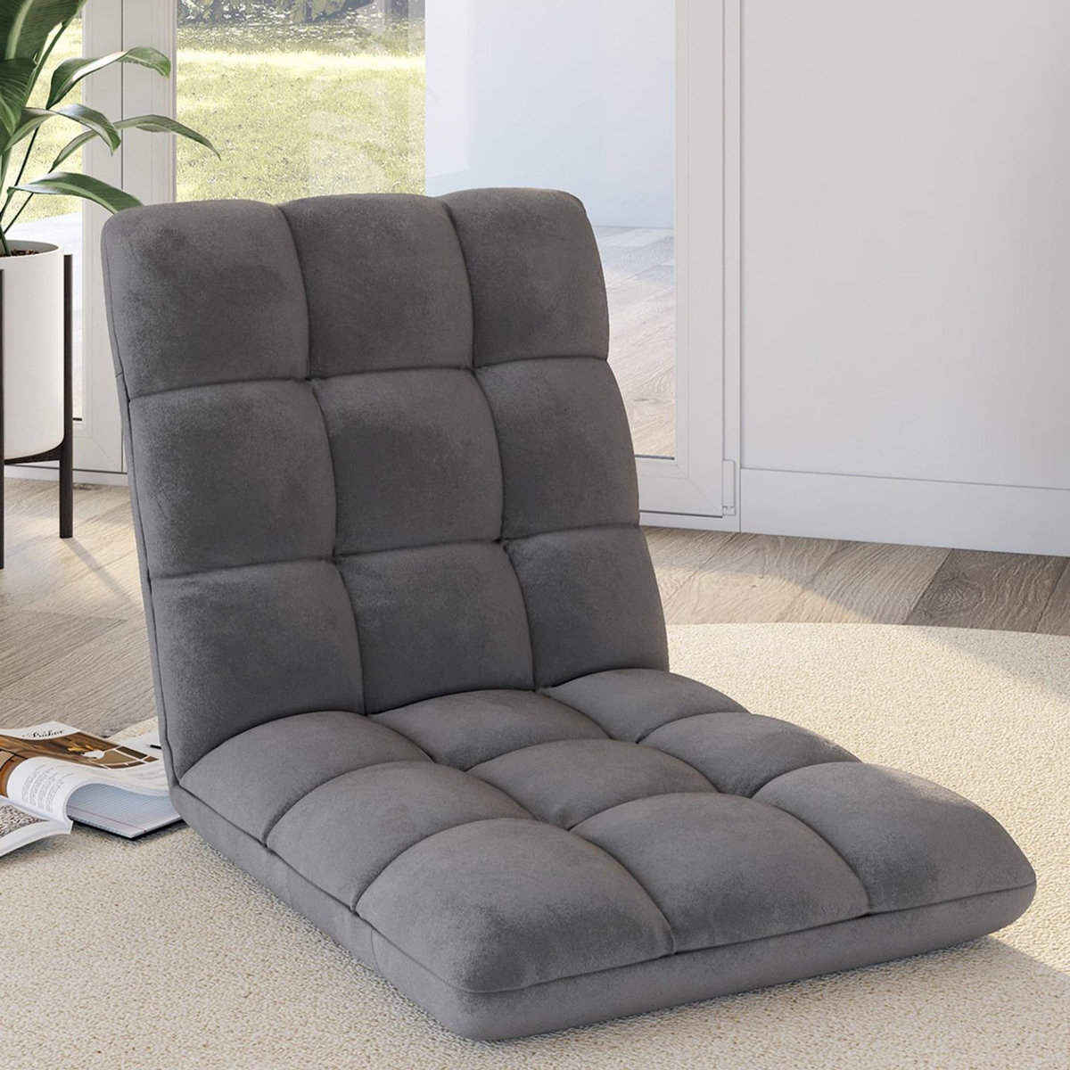 ID MARKET Chaise de sol pliante GARANCE 15 positions en velours gris anthracite