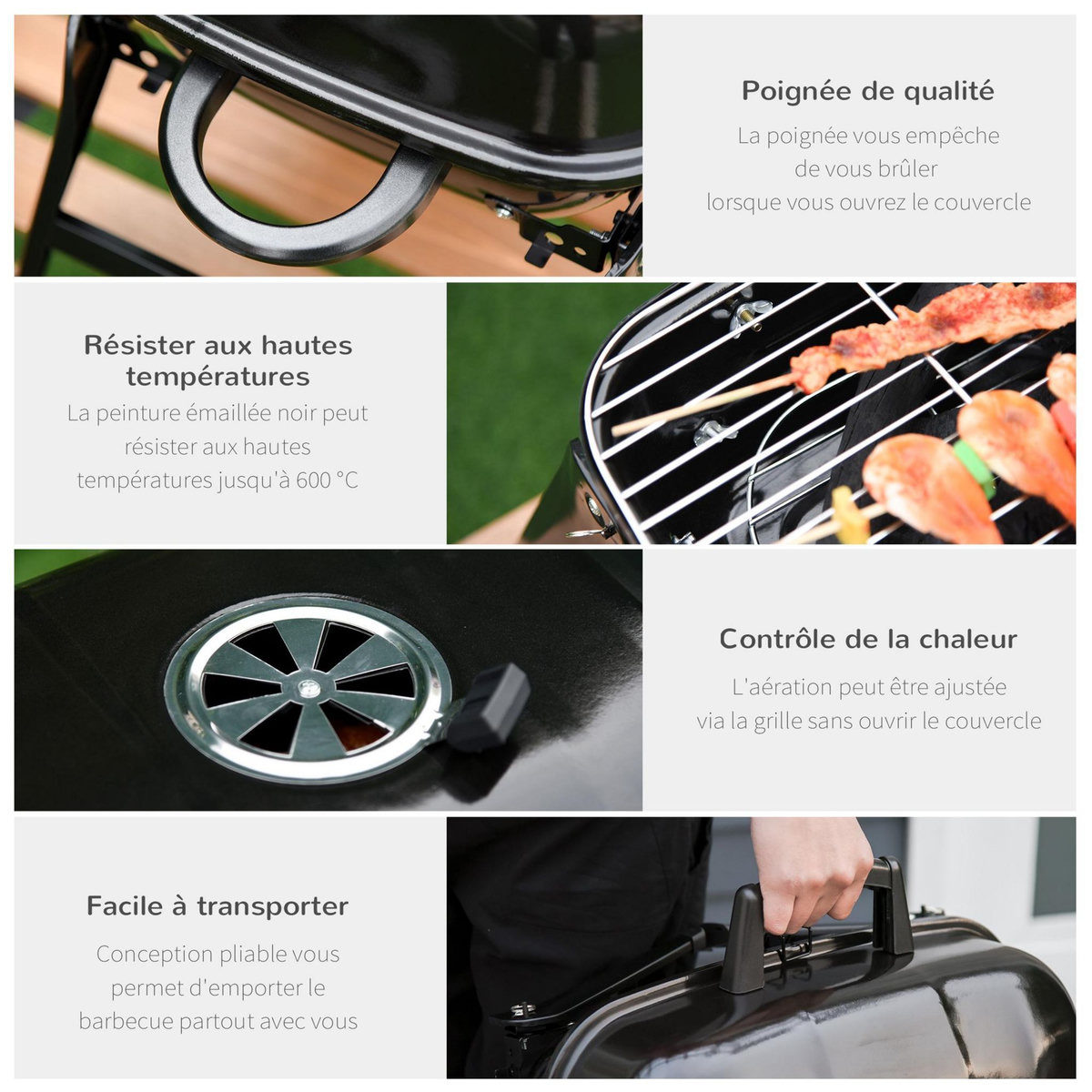 OUTSUNNY Barbecue au charbon de bois BBQ grill portable et pliable avec couvercle dim. 59 x 43 x 39 cm noir