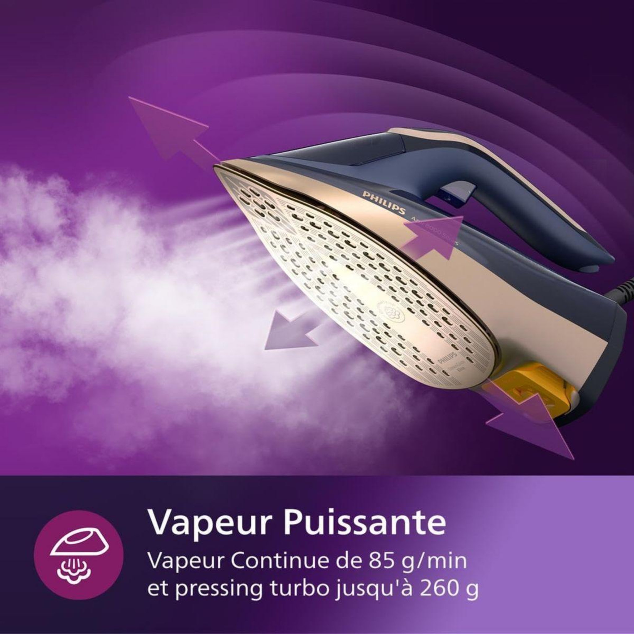 Voir la diapositive 4 : Philips Fer à repasser dst8050/20​ fer à vapeur série 8000 bleu foncé/doré, 3000w