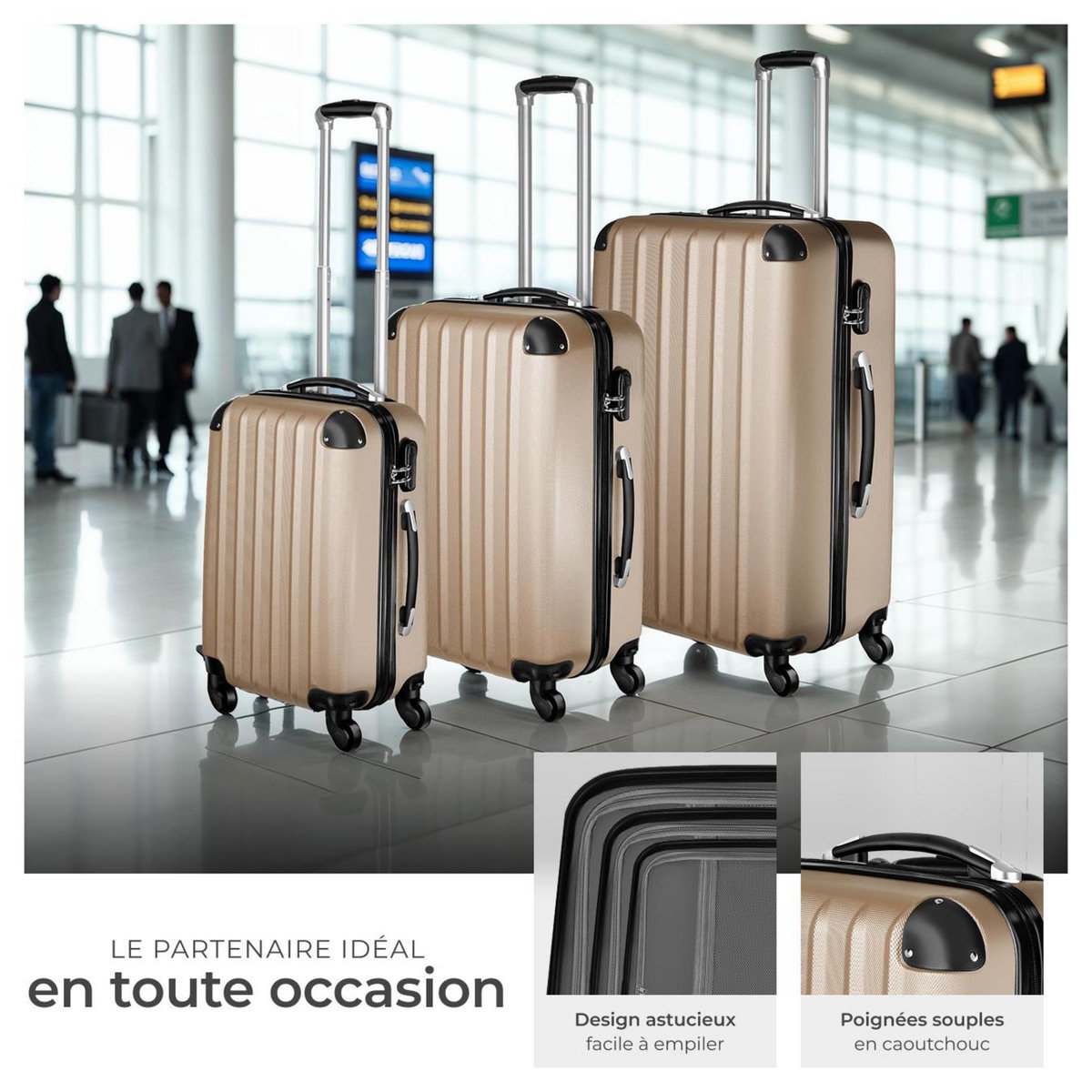 tectake Set de valises trolley rigides 3 parties en plastique ABS robuste champagne