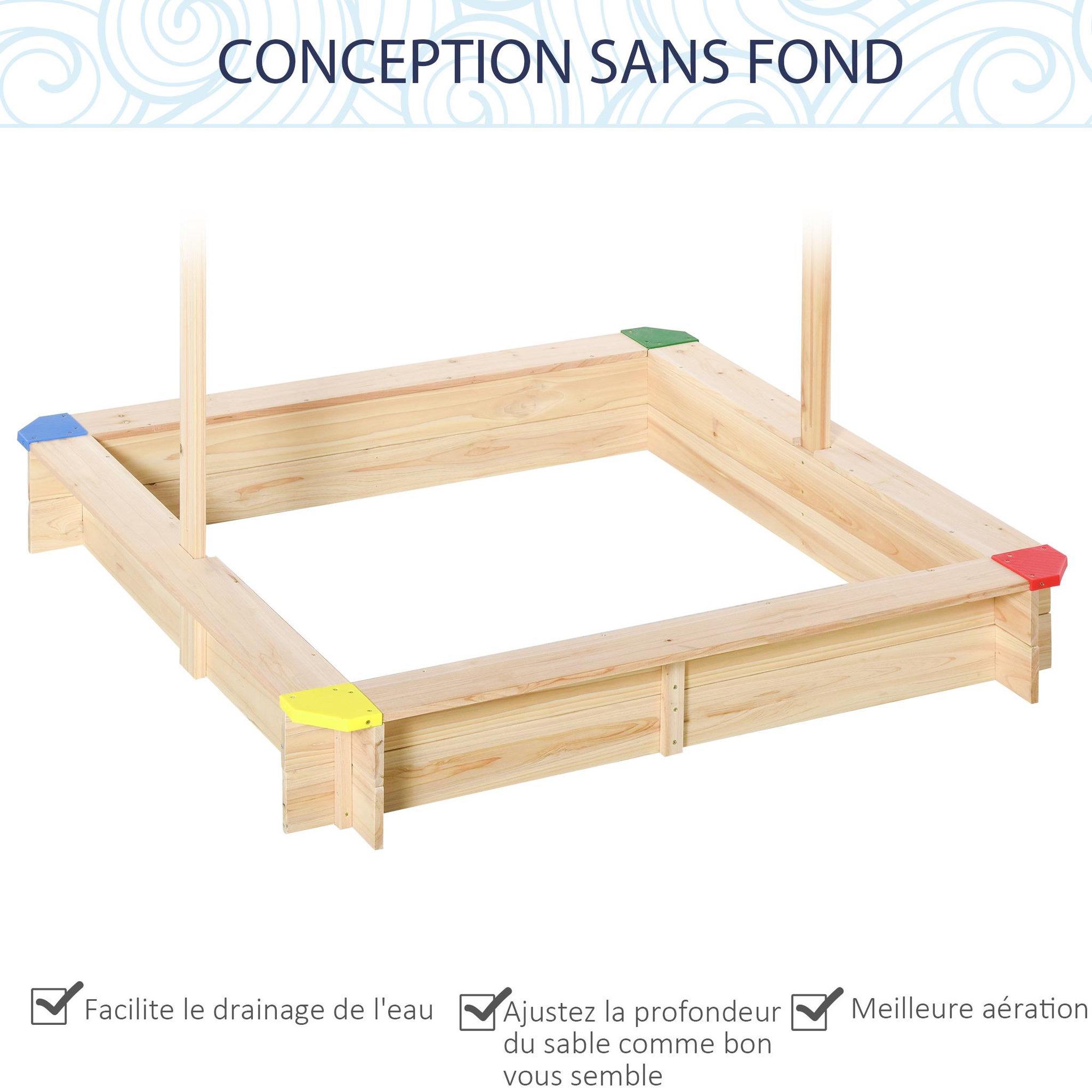 Voir la diapositive 6 : OUTSUNNY Bac à sable bois carré dim. 1,2L x 1,2l x 1,2H m - hauteur et inclinaison toit réglables - bois naturel de pin