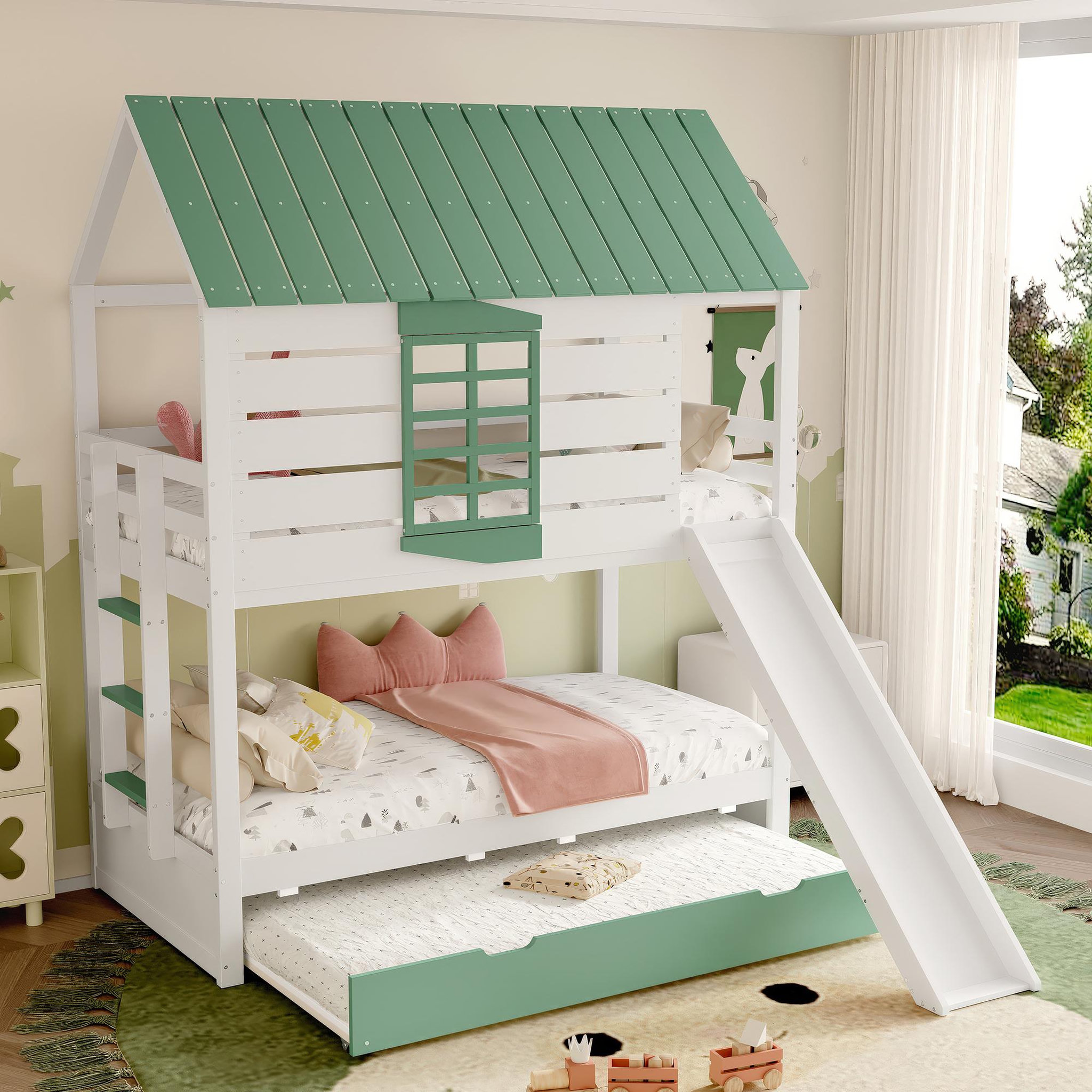 Voir la diapositive 5 : MERAX Lit superposé 140x200cm coloris blanc+vert pin et mdf