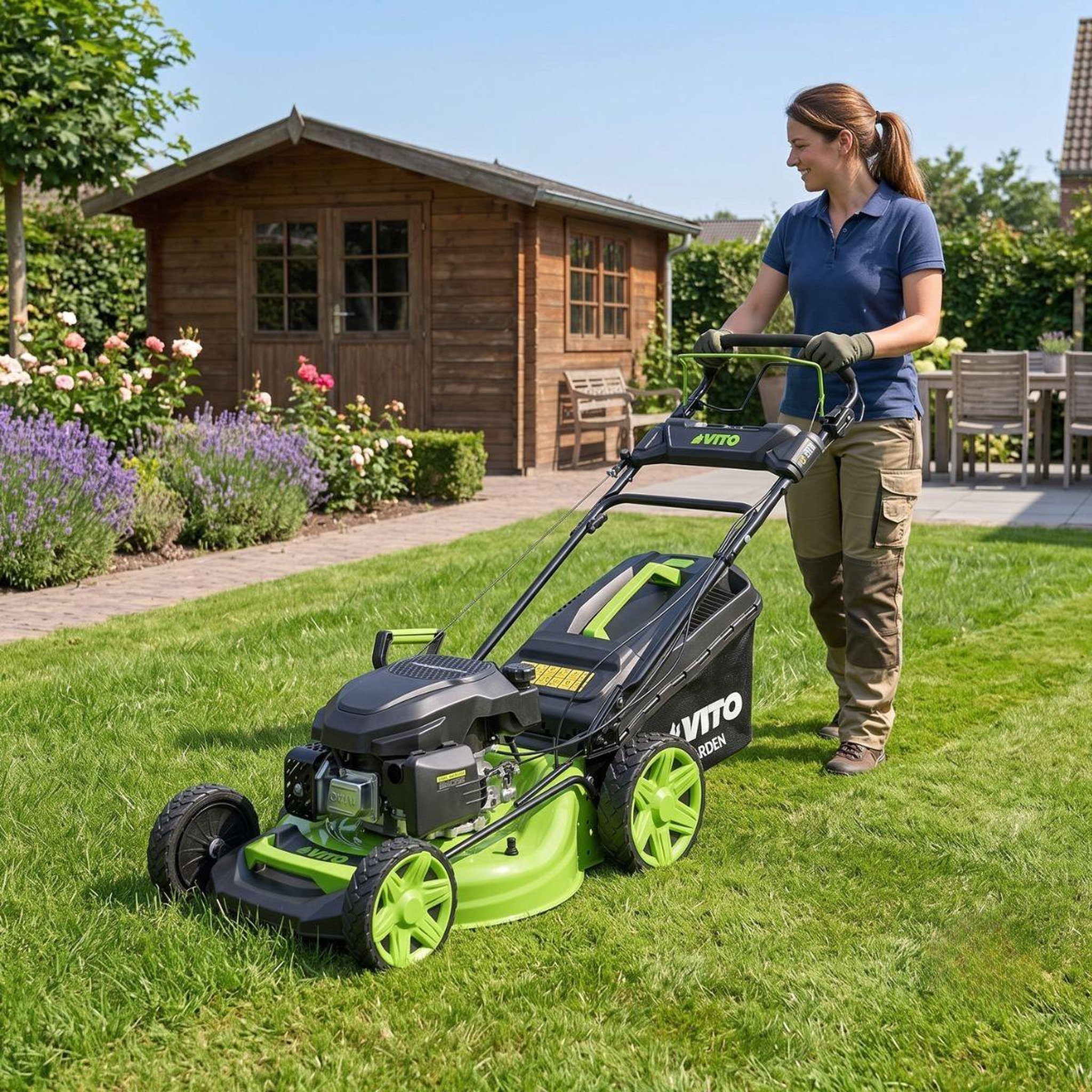 Voir la diapositive 3 : VITO Tondeuse à gazon thermique 5.5 cv 190cc moteur 4t essence coupe 51cm bac 60l mulching 7 hauteurs 25 à 75mm entretien jardin vito