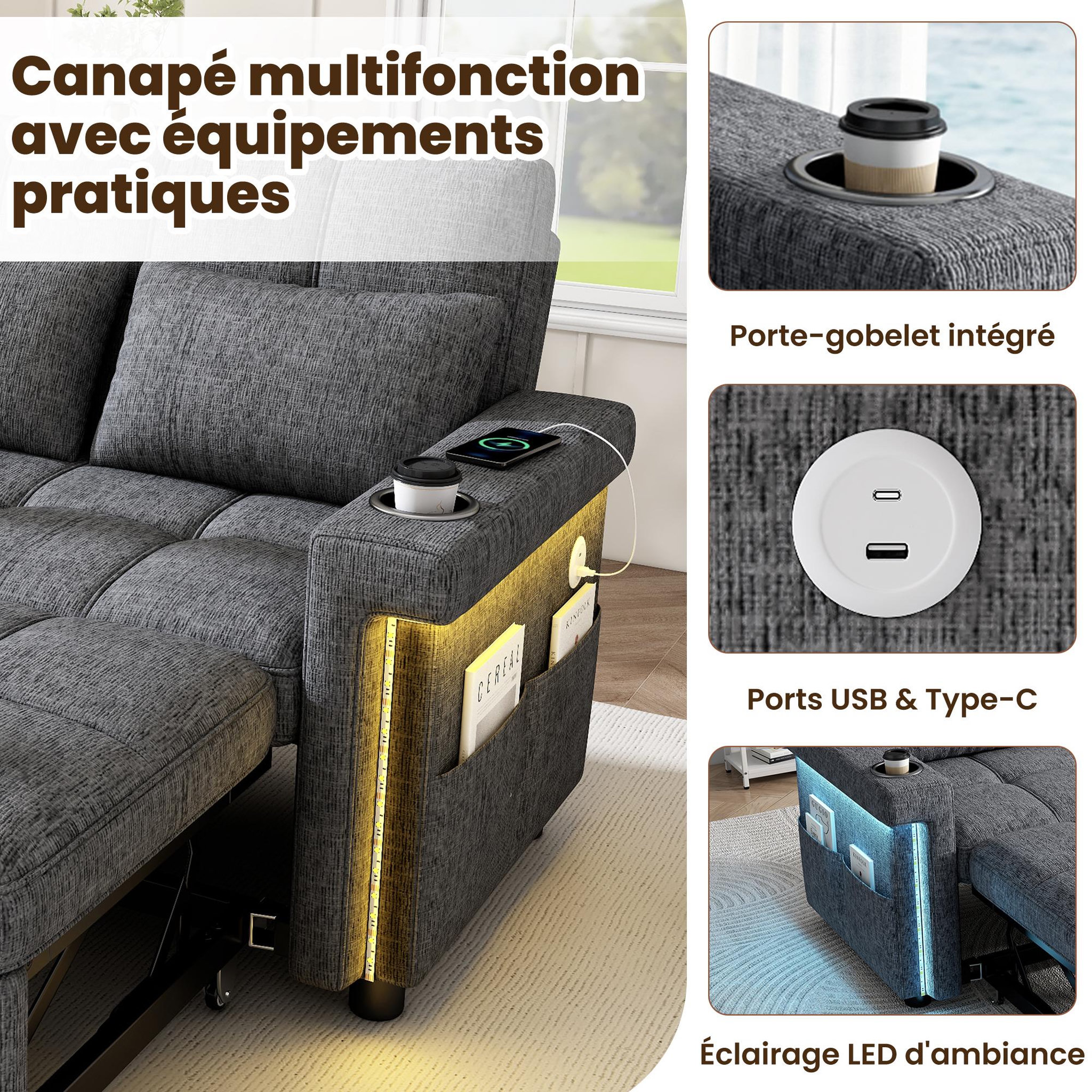 Voir la diapositive 6 : MERAX Canapé convertible 2 places avec dossier réglable et ports usb type-c tissu chenille