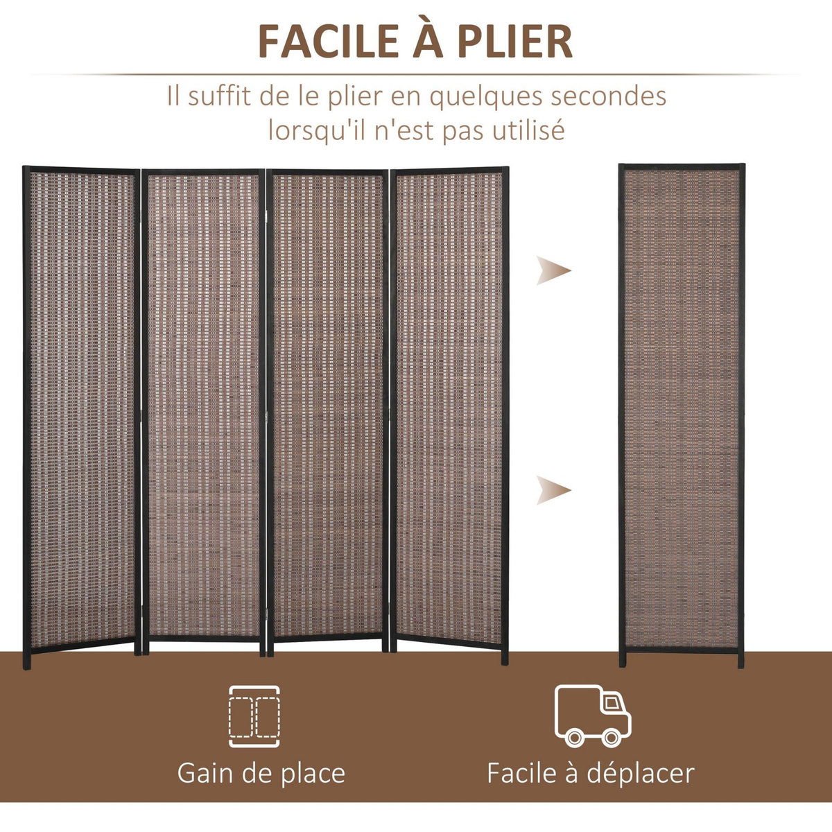 HOMCOM Paravent intérieur séparateur de pièce pliable 4 panneaux dim. 180L x 180H cm bois pin bambou coton