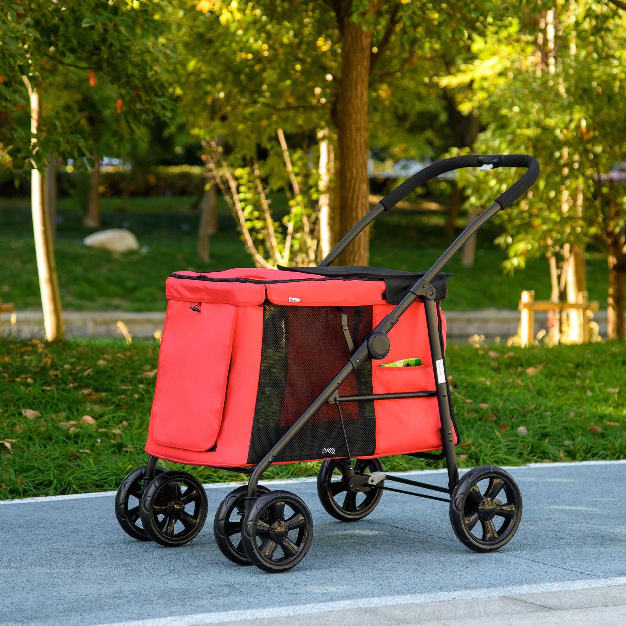 Voir la diapositive 2 : PAWHUT Poussette pliable pour chien chat 4 roues 3 pochettes rangement coussin acier oxford rouge