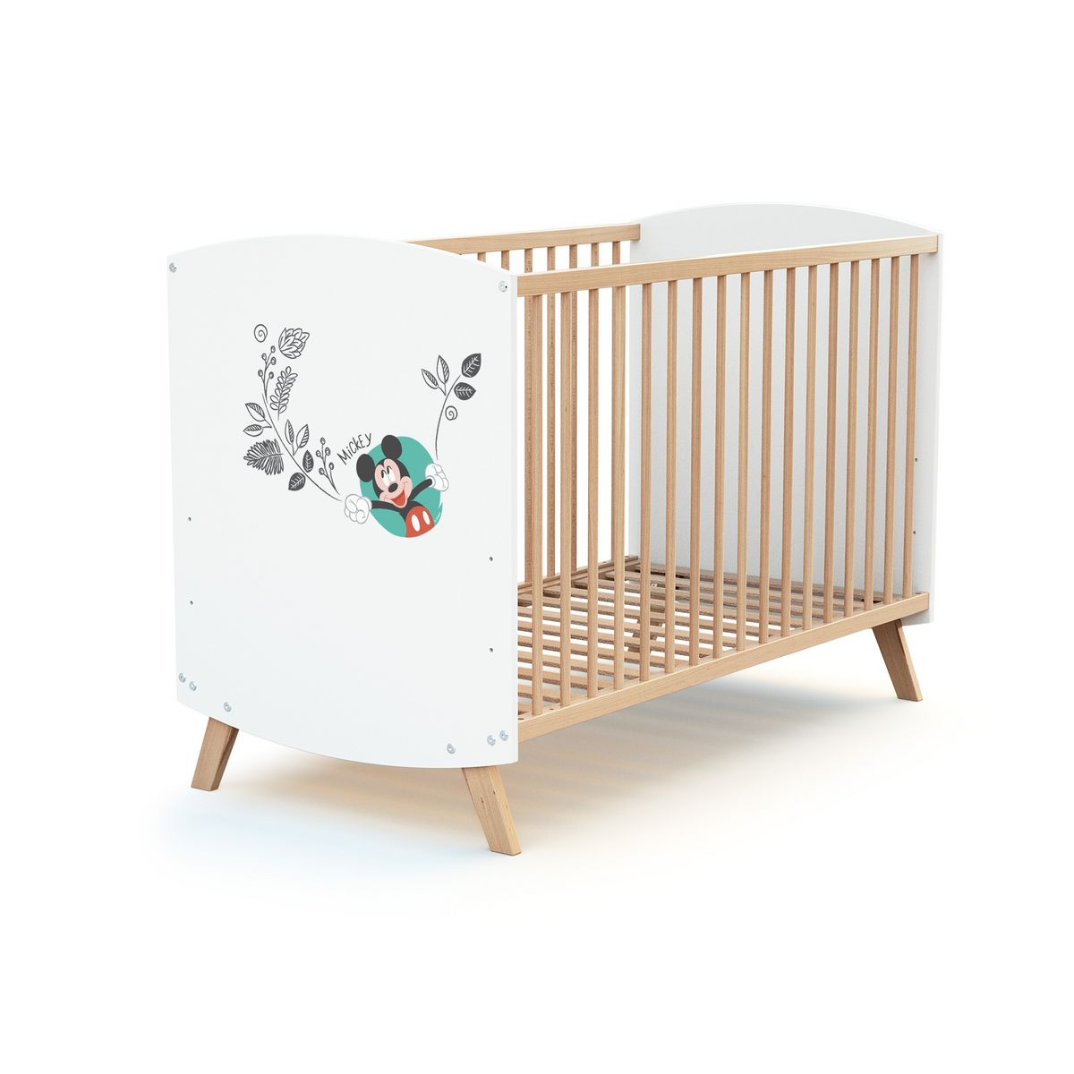AT4 Ensemble lit bébé 60x120 cm et commode à langer 2 tiroirs MICKEY DISNEY Blanc et Hêtre
