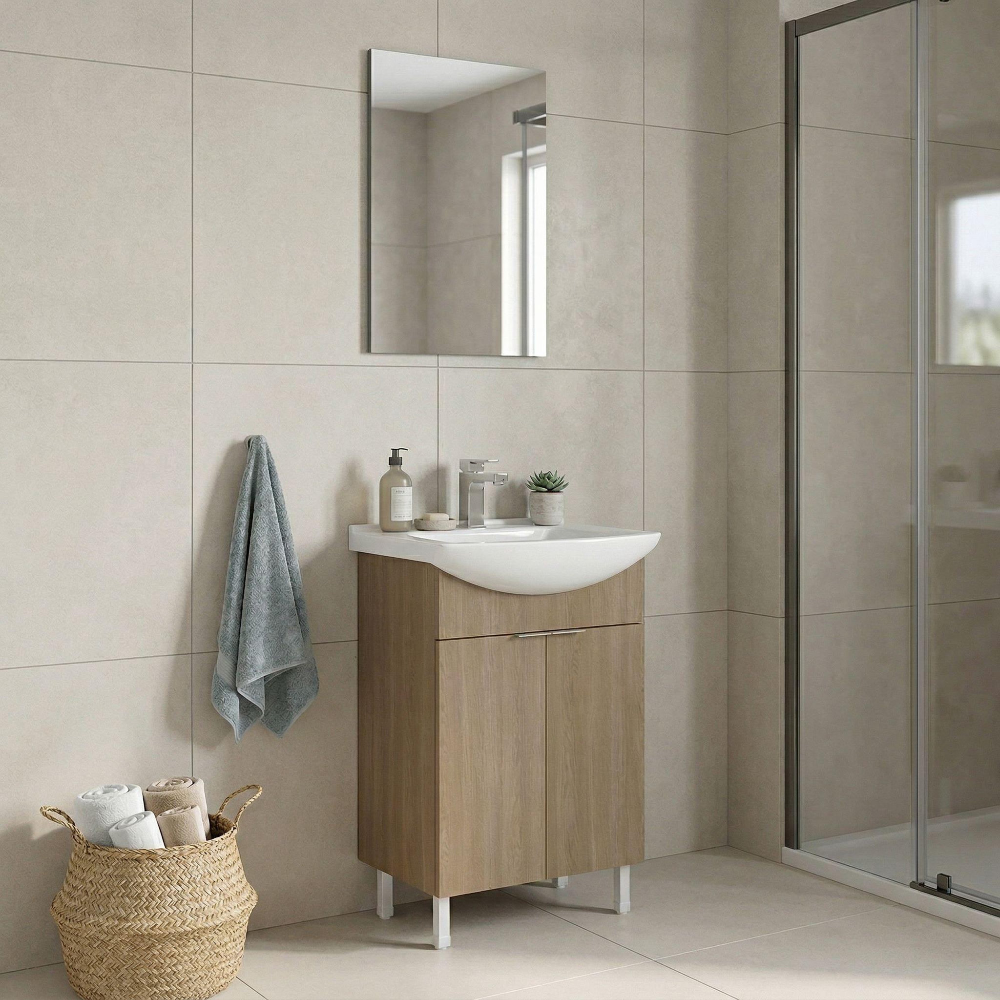 Voir la diapositive 2 : Habitat et Jardin Meuble avec simple vasque et miroir  Purus 55  - 55 x 2 x 83 cm - Oak