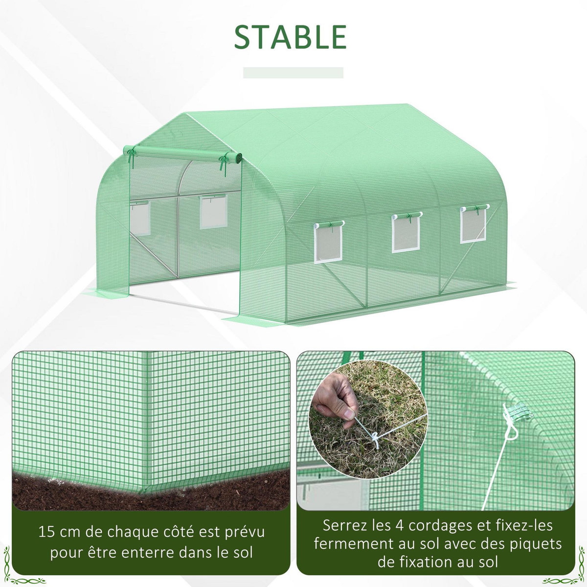 OUTSUNNY Serre tunnel de jardin 3,5 x 3 x 2 m grande taille 6 fenêtres vert