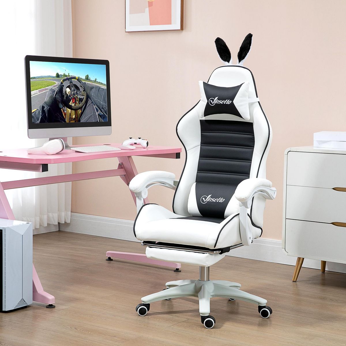 VINSETTO Chaise gaming fauteuil gamer inclinable réglable repose-pied rétractable oreilles de lapin amovibles noir blanc