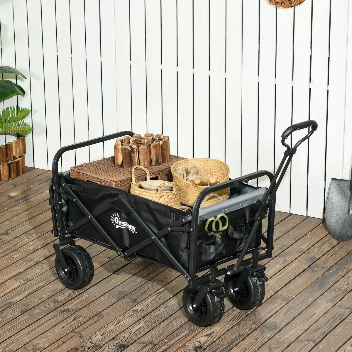 OUTSUNNY Chariot de jardin 110L pliable 4 roues poignée télescopique réglable porte noir