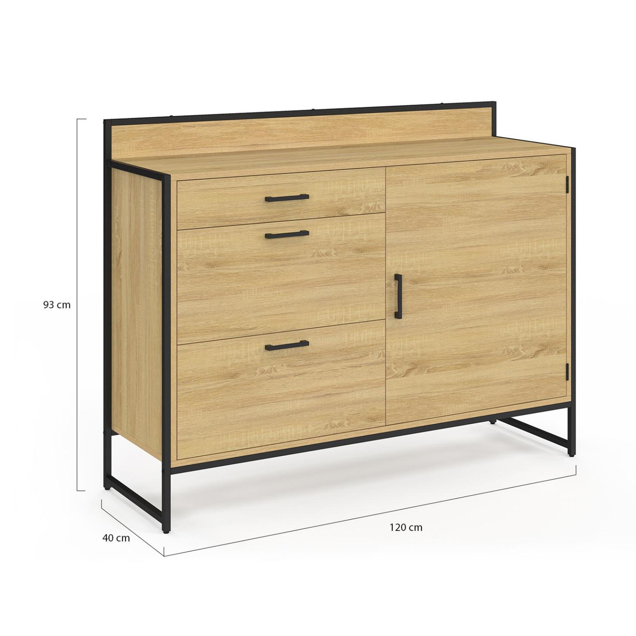 Voir la diapositive 5 : ID MARKET Buffet bas casserolier de cuisine 120 cm detroit plan de travail h.83 cm 1 porte + 3 tiroirs design industriel