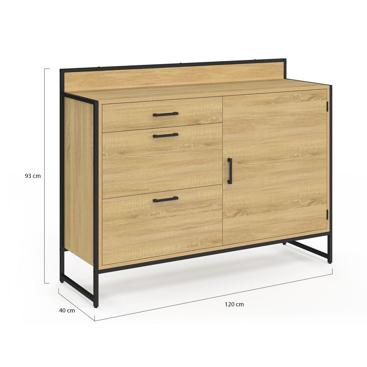 ID MARKET Buffet bas casserolier de cuisine 120 cm DETROIT plan de travail H.83 cm 1 porte + 3 tiroirs design industriel
