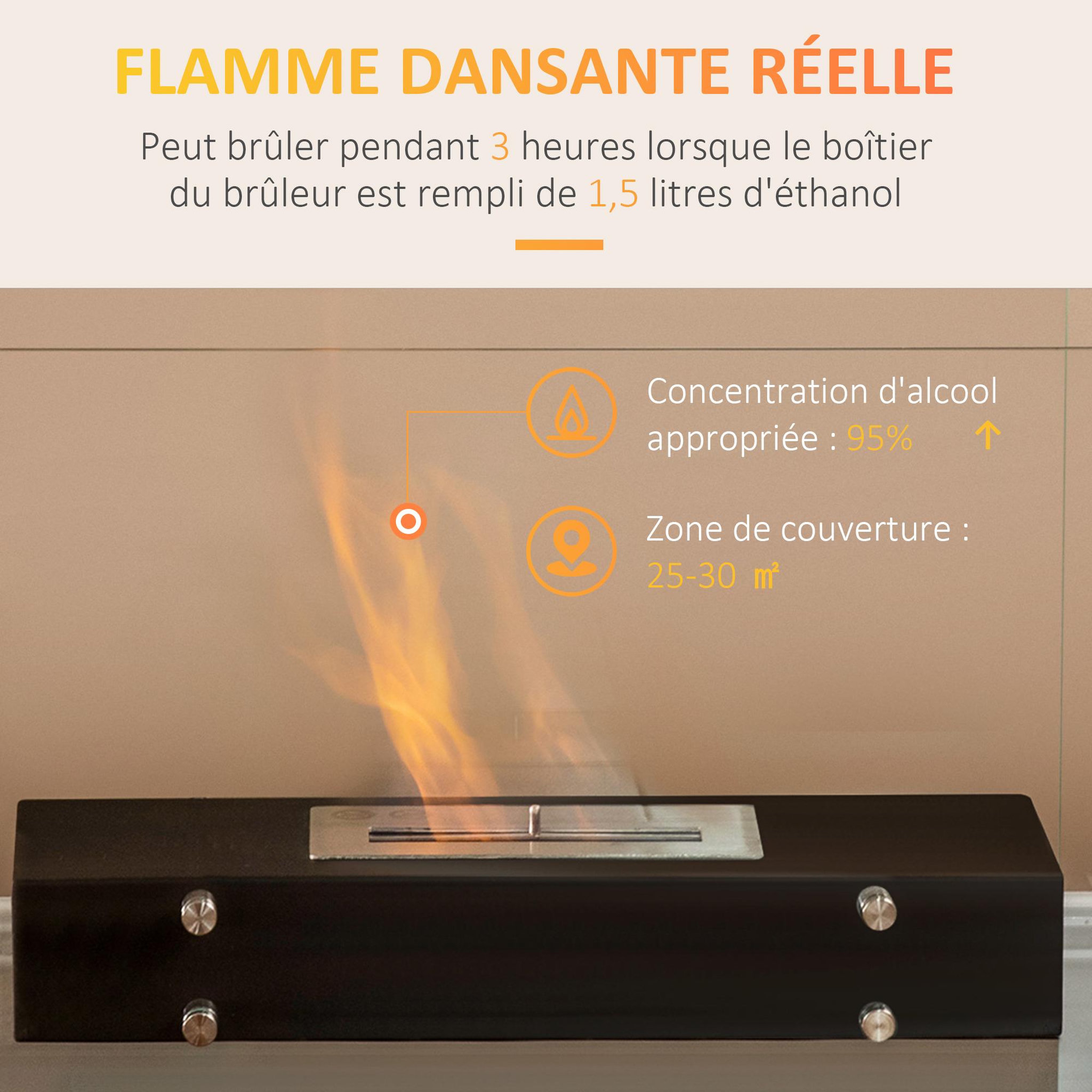 Voir la diapositive 4 : HOMCOM Cheminée à poser bioéthanol en métal et verre trempé avec réservoir 1,5 l couverture 25 m²  - dim. 60l x 26l x 50h cm