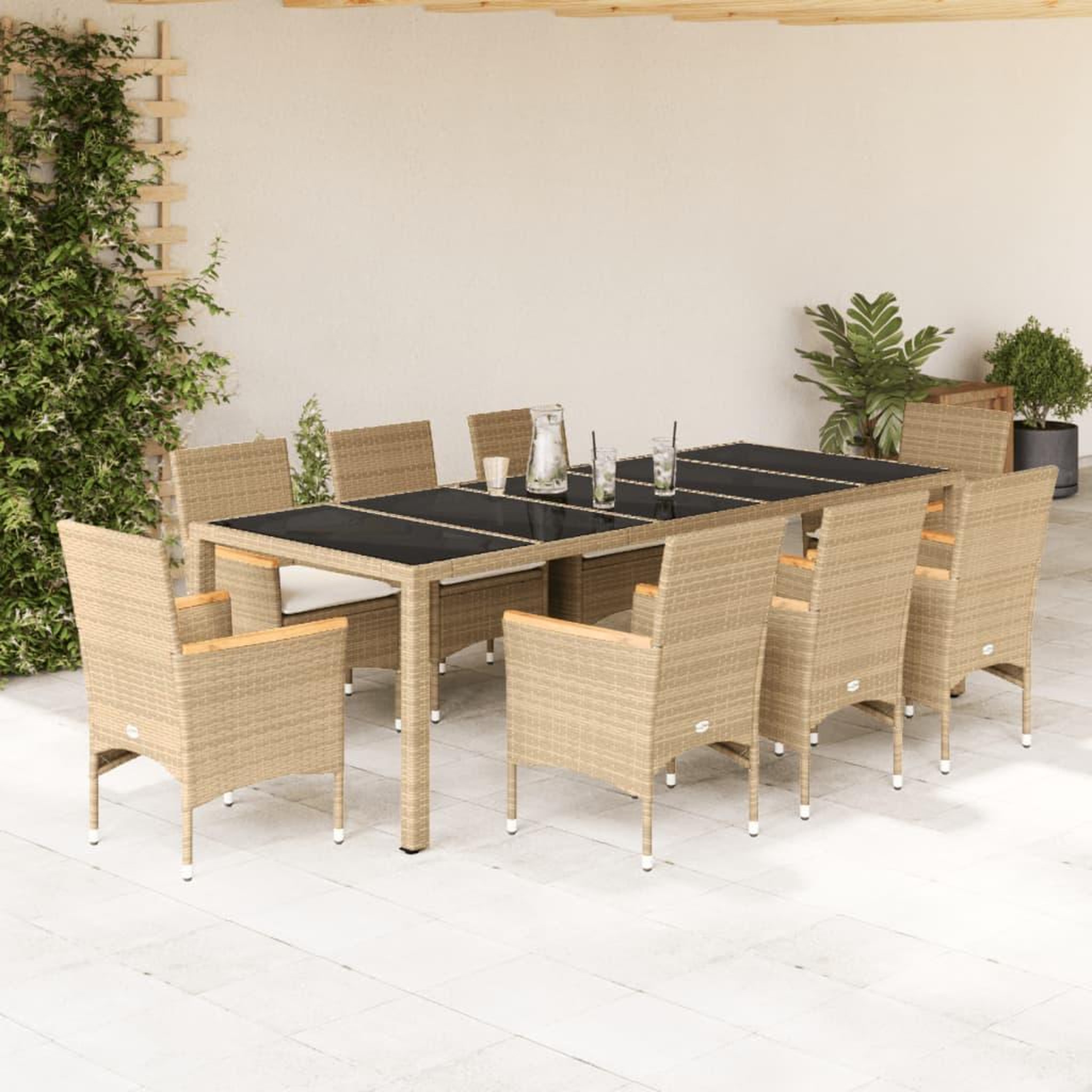 VIDAXL Ensemble a manger de jardin et coussins 9 pcs beige rotin verre