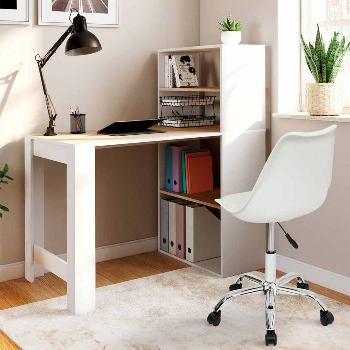 ID MARKET Bureau bibliothèque BEN avec étagères blanc et façon hêtre