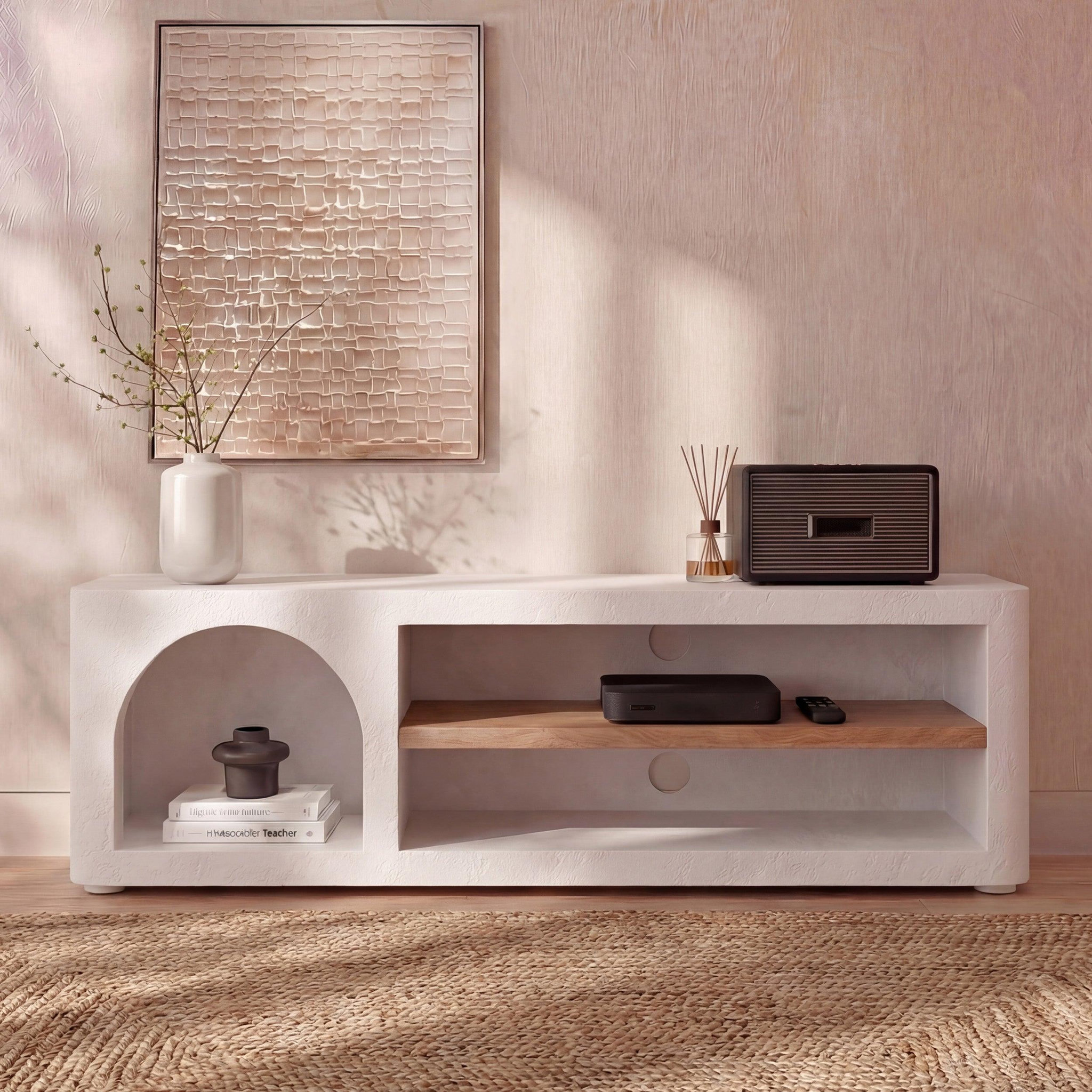 Voir la diapositive 2 : MAISON PAVANE Meuble tv en plâtre blanc cassé 140 cm-fira