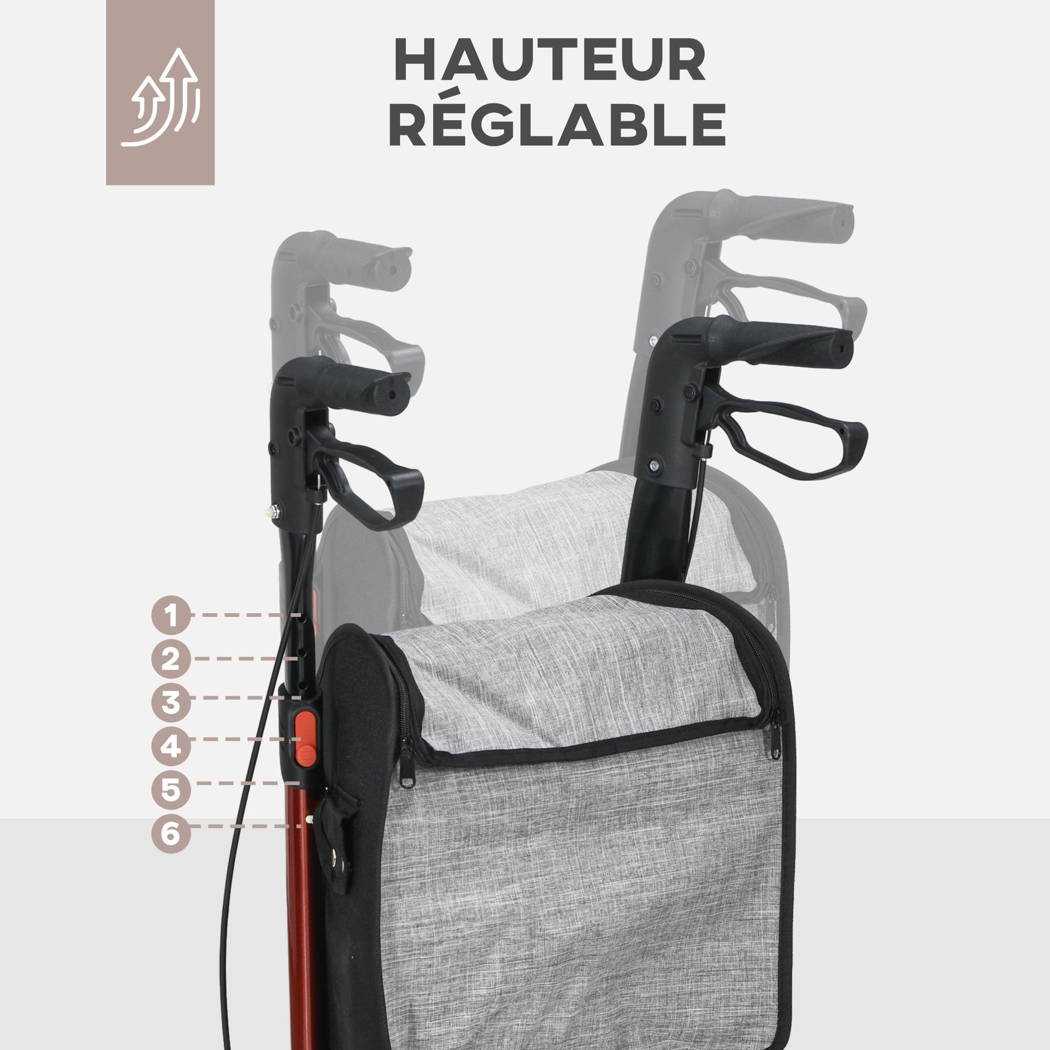 Voir la diapositive 4 : HOMCOM Déambulateur réglable pliable 3 roues frein double panier alu rouge