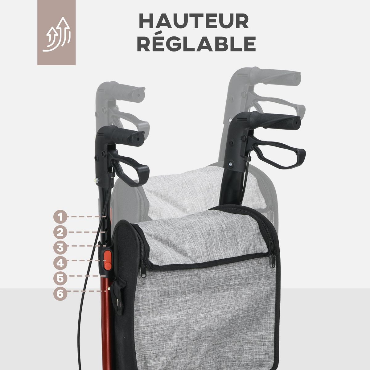 HOMCOM Déambulateur réglable pliable 3 roues frein double panier alu rouge