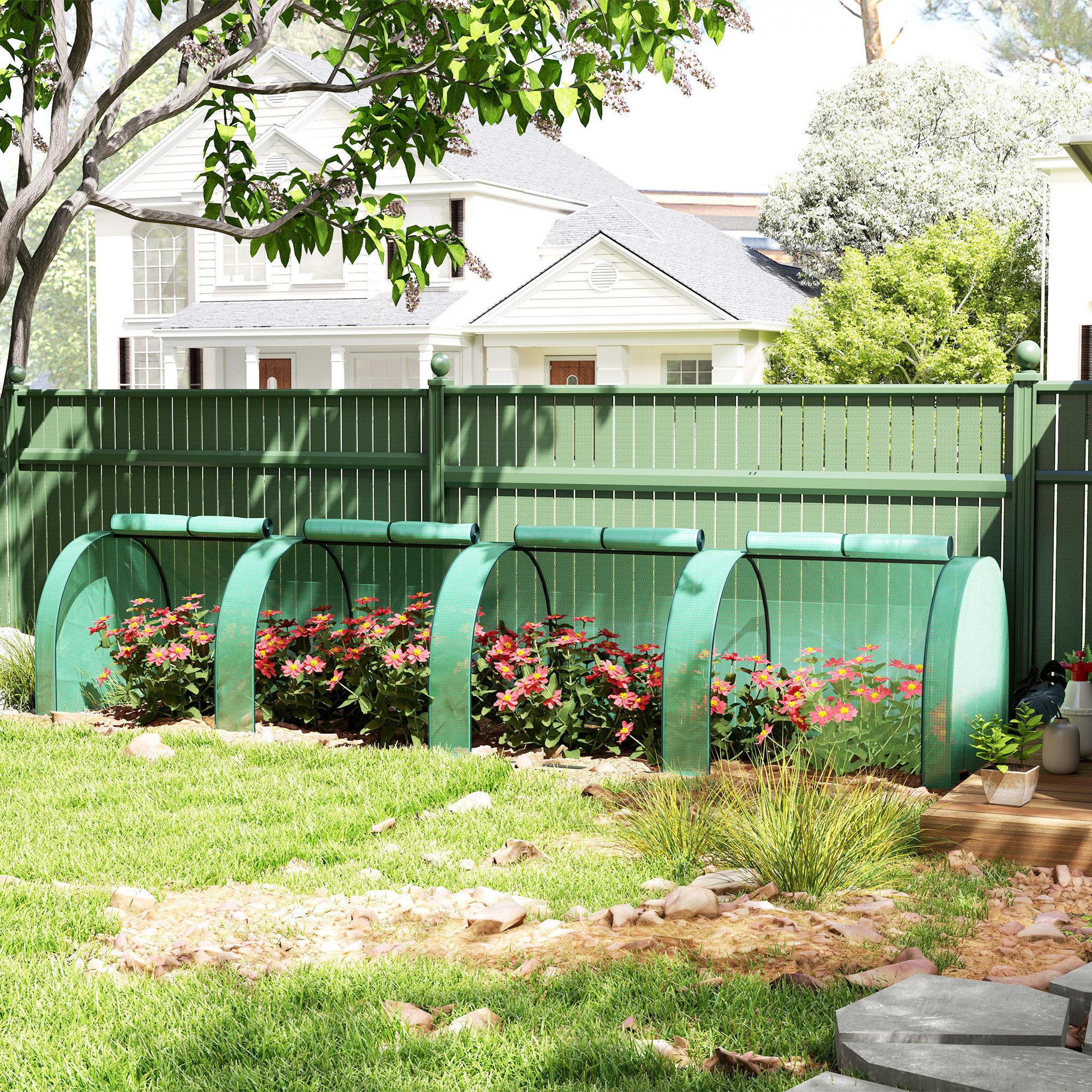 Voir la diapositive 2 : OUTSUNNY Mini serre de jardin mini serre à tomates 4 x 1 x 0,8 m 4 portes zippées acier PE haute densité 140 g/m² vert
