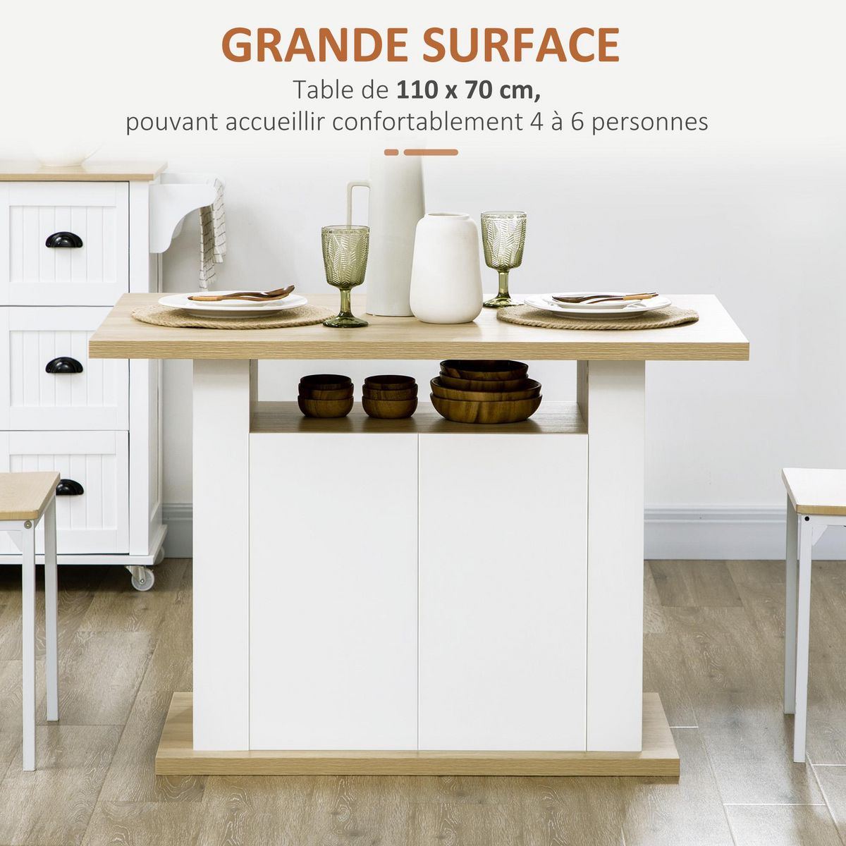 HOMCOM Table à manger ilot central cuisine 4-6 personnes blanc naturel