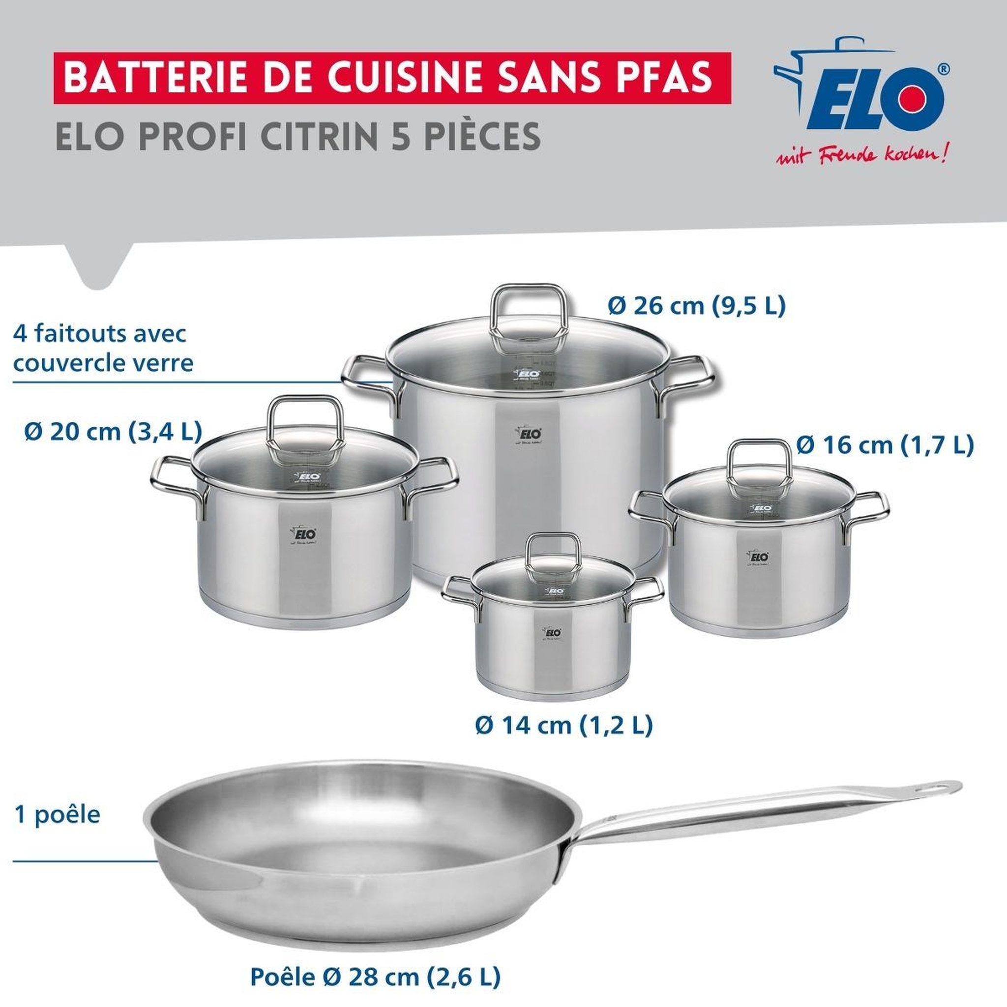 Voir la diapositive 2 : ELO Ensemble de 1 poêle de cuisson 28 cm et 4 faitouts 14, 16, 20 et 26 cm elo profi citrin