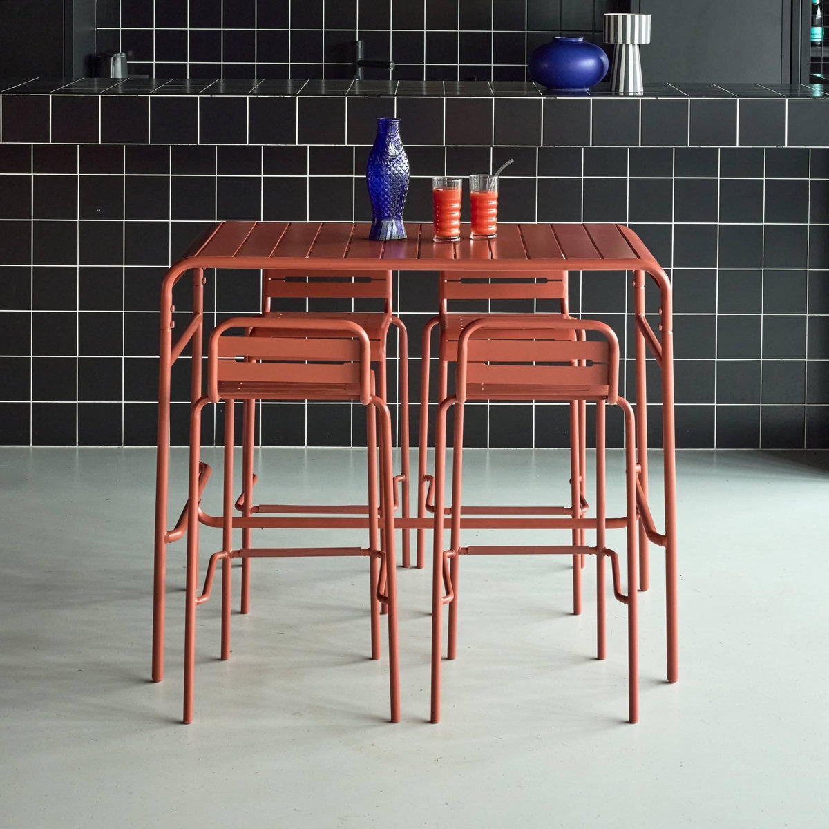 SWEEEK Table haute de jardin AMELIA, 4 chaises hautes en acier, 120 x 70cm x 95cm