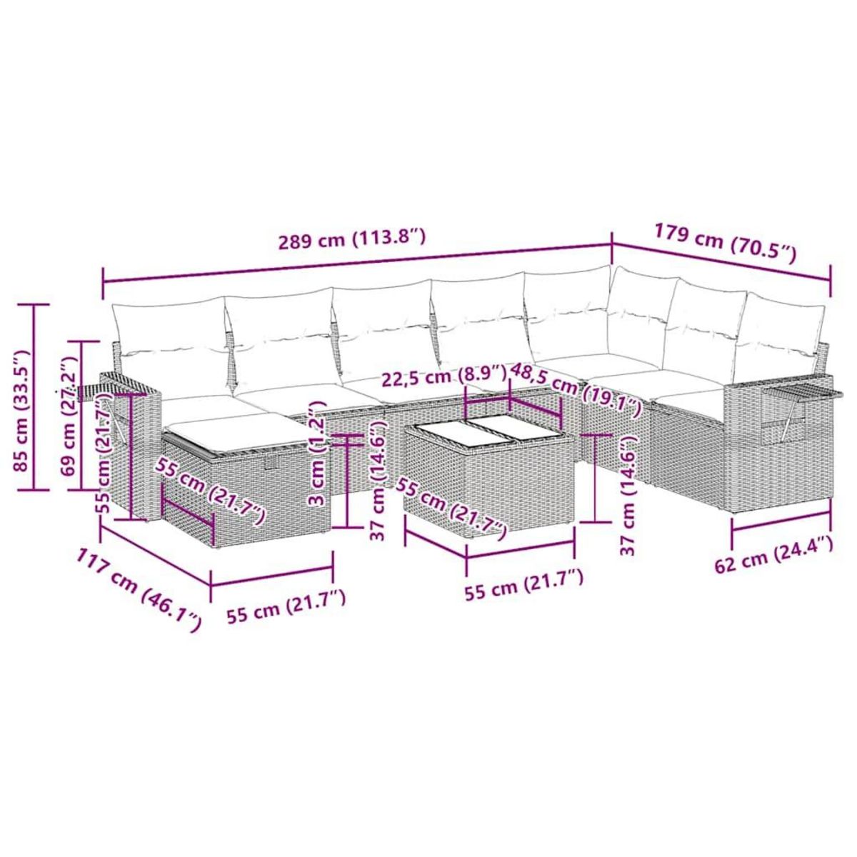 VIDAXL Salon de jardin avec coussins 9 pcs marron resine tressee