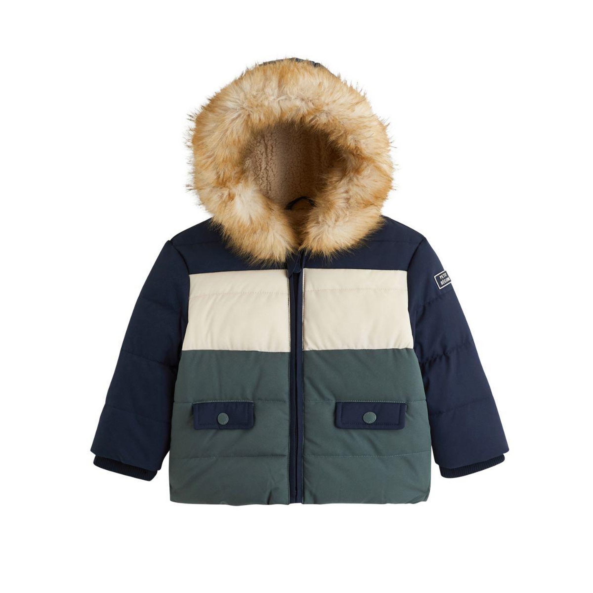PETIT BEGUIN Doudoune enfant imperméable doublée sherpa avec capuche Noah. Coloris disponibles : Bleu