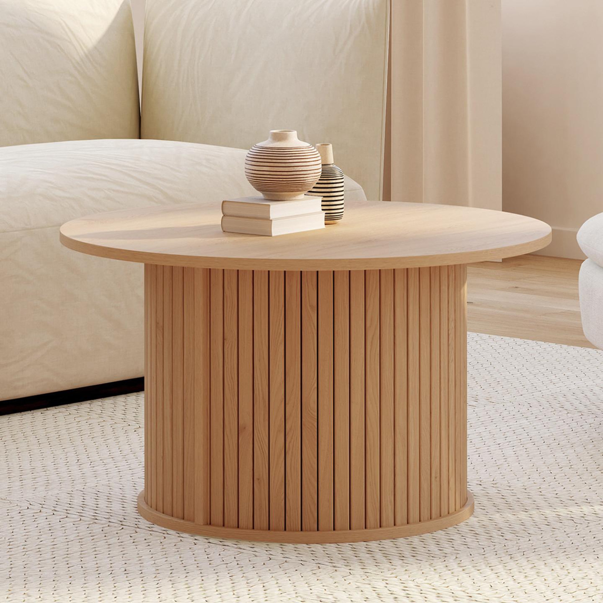Voir la diapositive 2 : ID MARKET Table basse ronde juliette 70 cm lattes tasseau bois coloris chêne