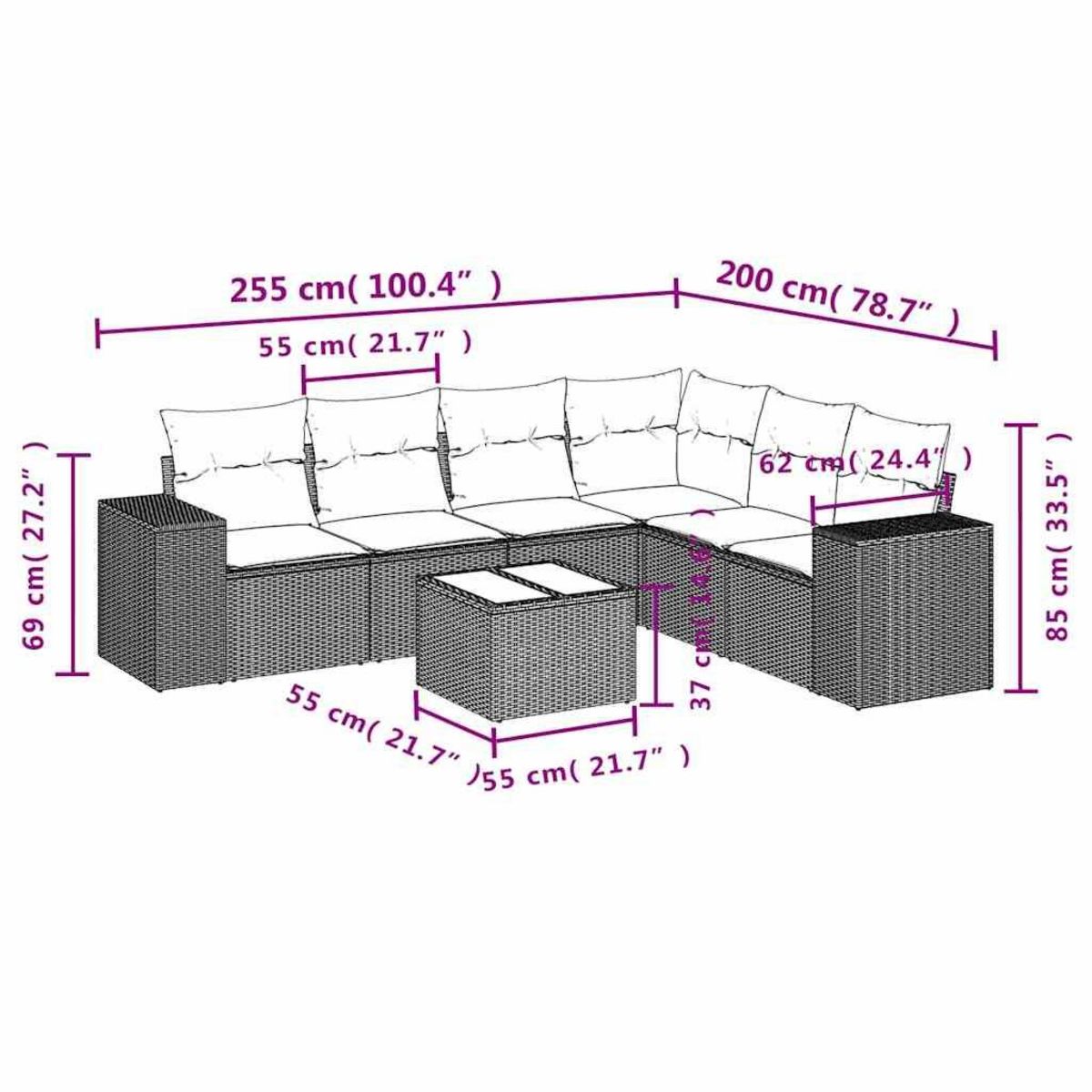 VIDAXL Salon de jardin avec coussins 7 pcs gris clair resine tressee