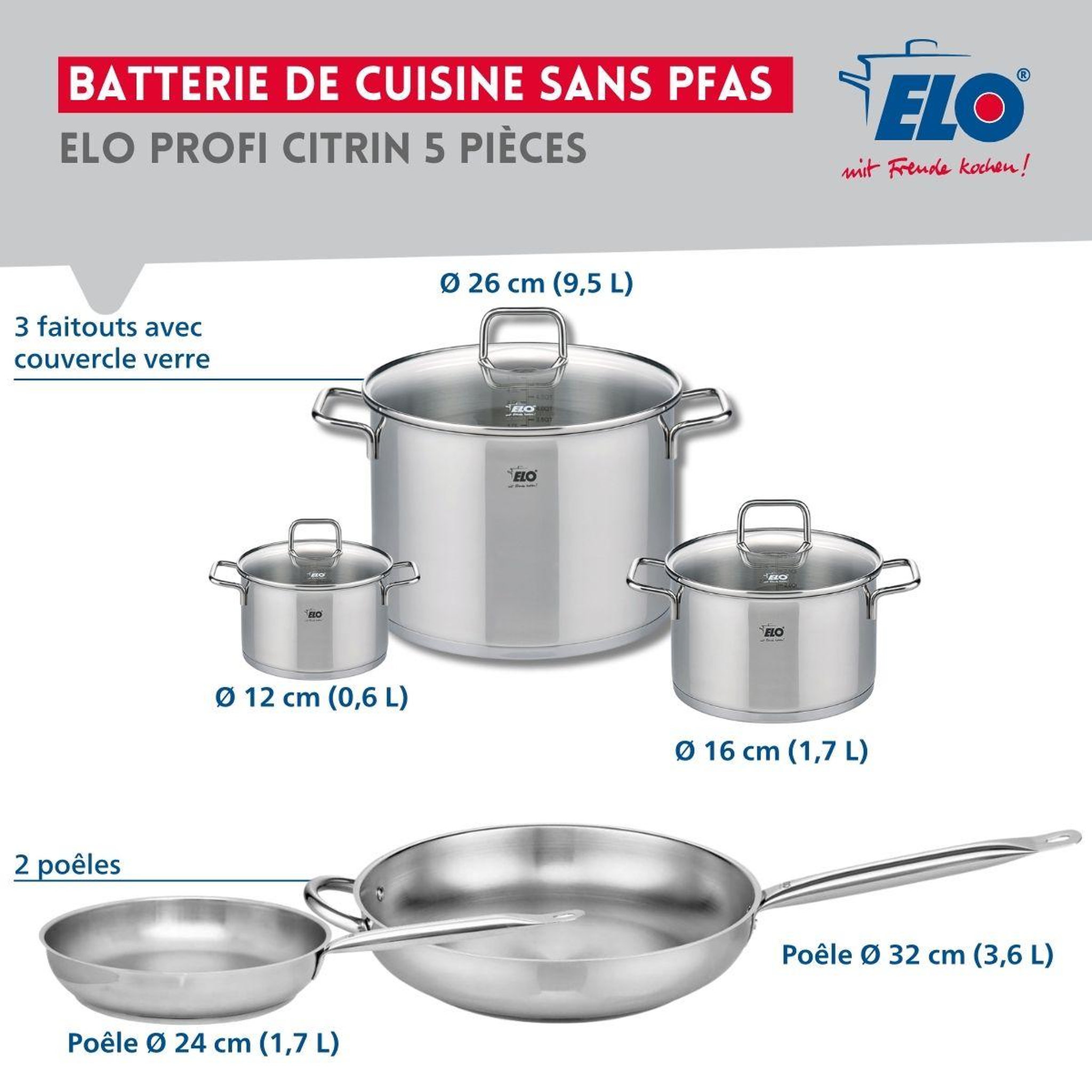 Voir la diapositive 2 : ELO Ensemble de 2 poêles de cuisson 24 et 32 cm et 3 faitouts 12, 16 et 26 cm elo profi citrin