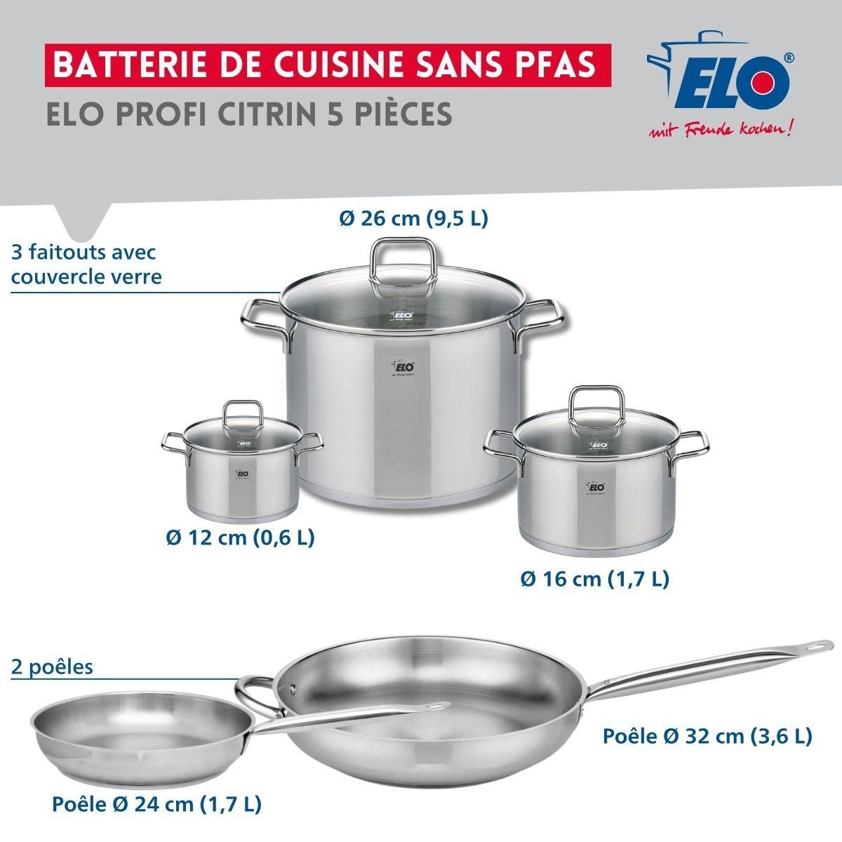 ELO Ensemble de 2 Poêles de cuisson 24 et 32 cm et 3 faitouts 12, 16 et 26 cm Elo Profi Citrin