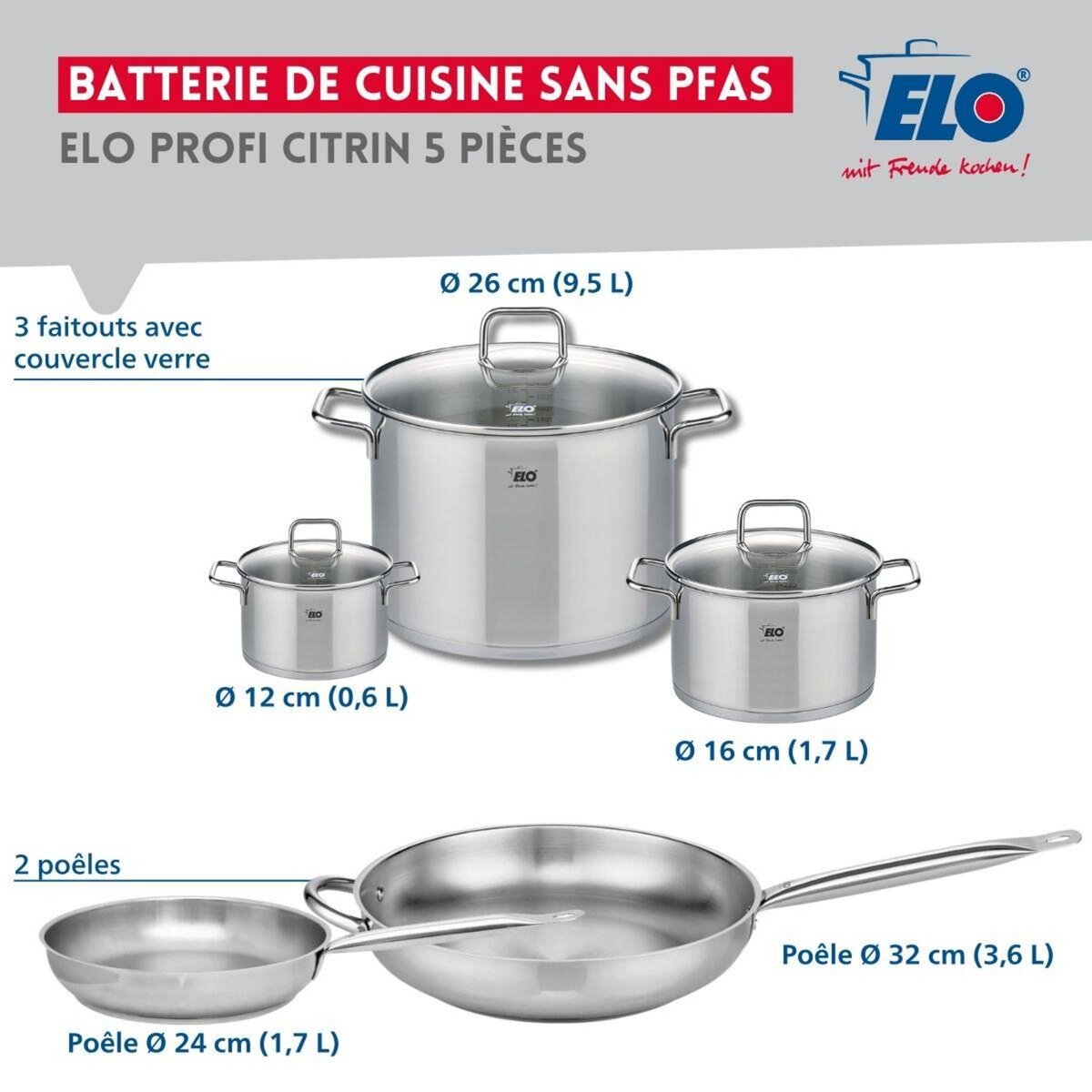 ELO Ensemble de 2 Poêles de cuisson 24 et 32 cm et 3 faitouts 12, 16 et 26 cm Elo Profi Citrin