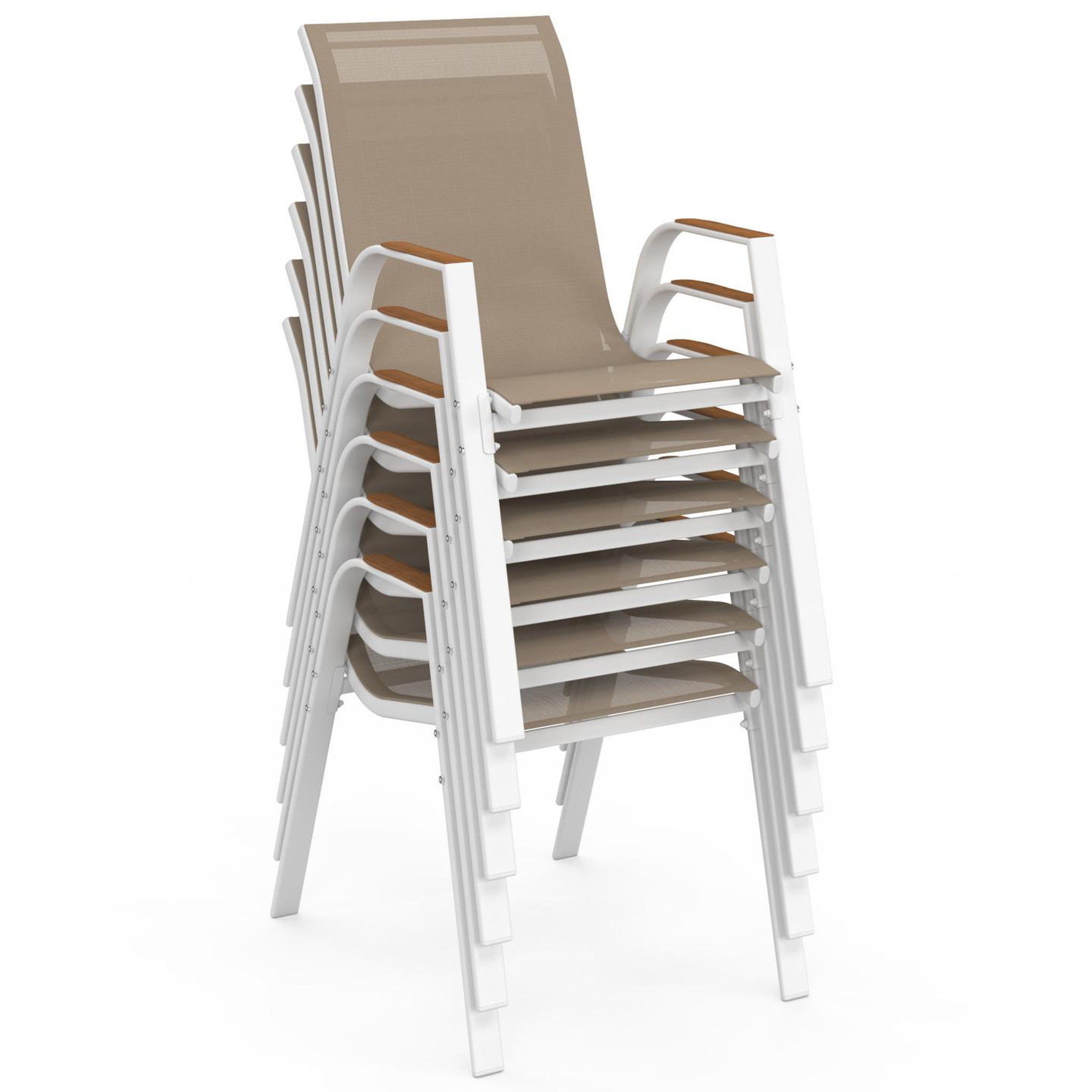 Voir la diapositive 4 : ID MARKET Salon de jardin noumea table 240 cm plateau verre trempé effet bois et 10 chaises empilables blanc et bois