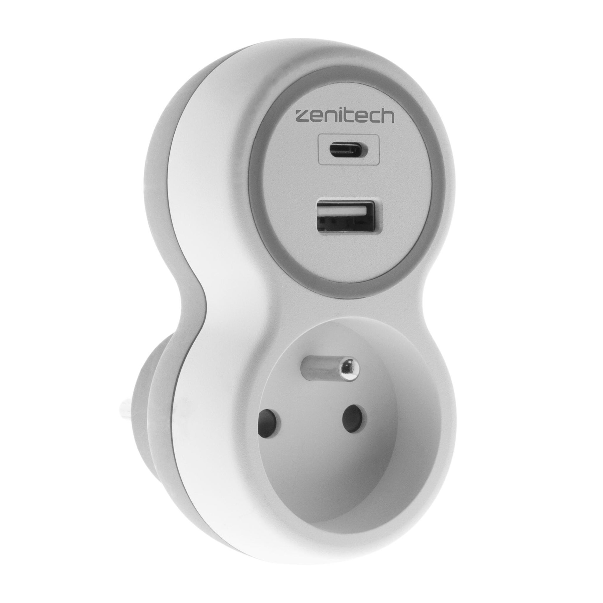 ZENITECH Prise 16A avec chargeurs USB A+C  Blanc et Gris  Zenitech