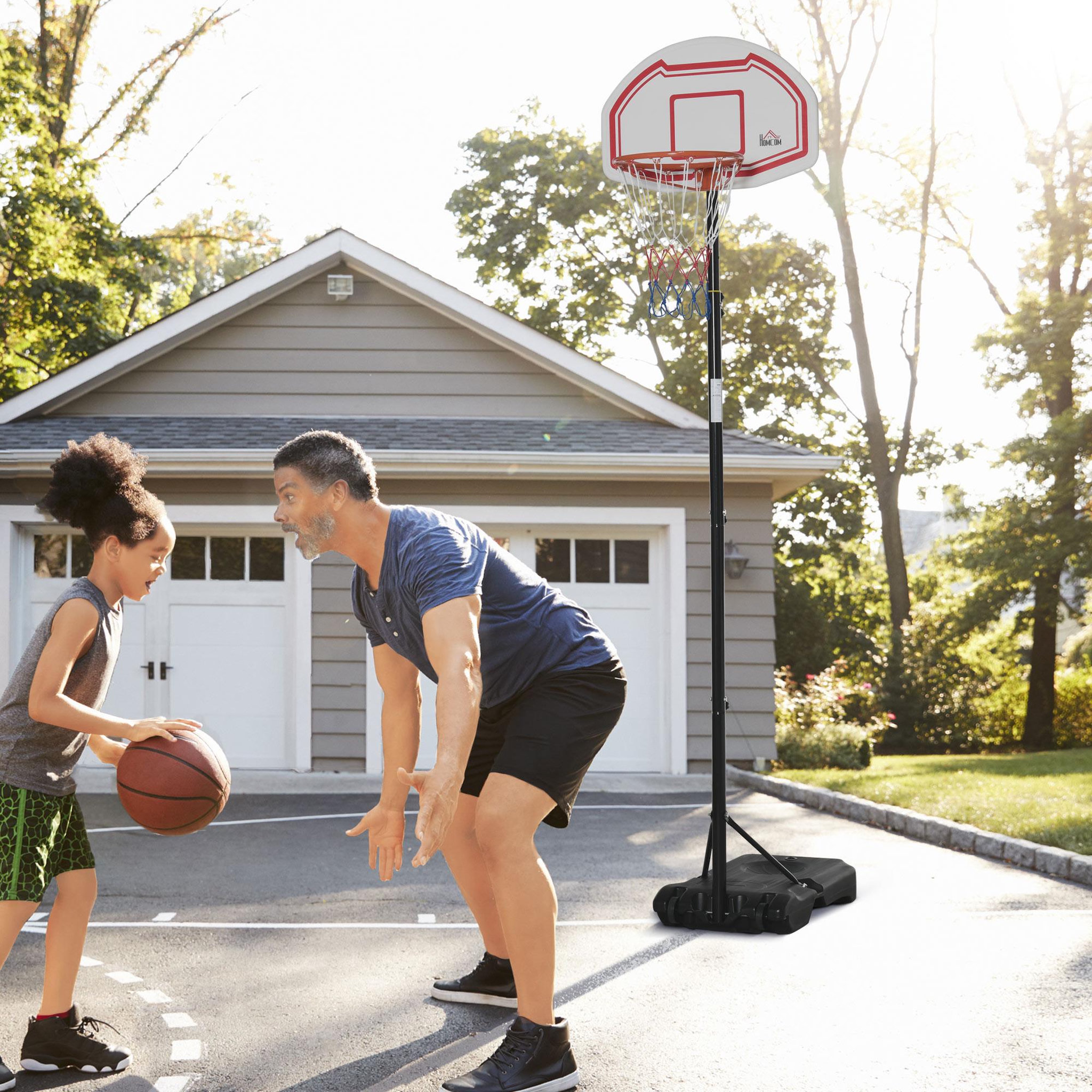 Voir la diapositive 2 : HOMCOM Panier de basket-ball sur pied avec poteau panneau - base de lestage sur roulettes - hauteur réglable 5 niveaux 2,45-2,95 m - acier hdpe noir blanc