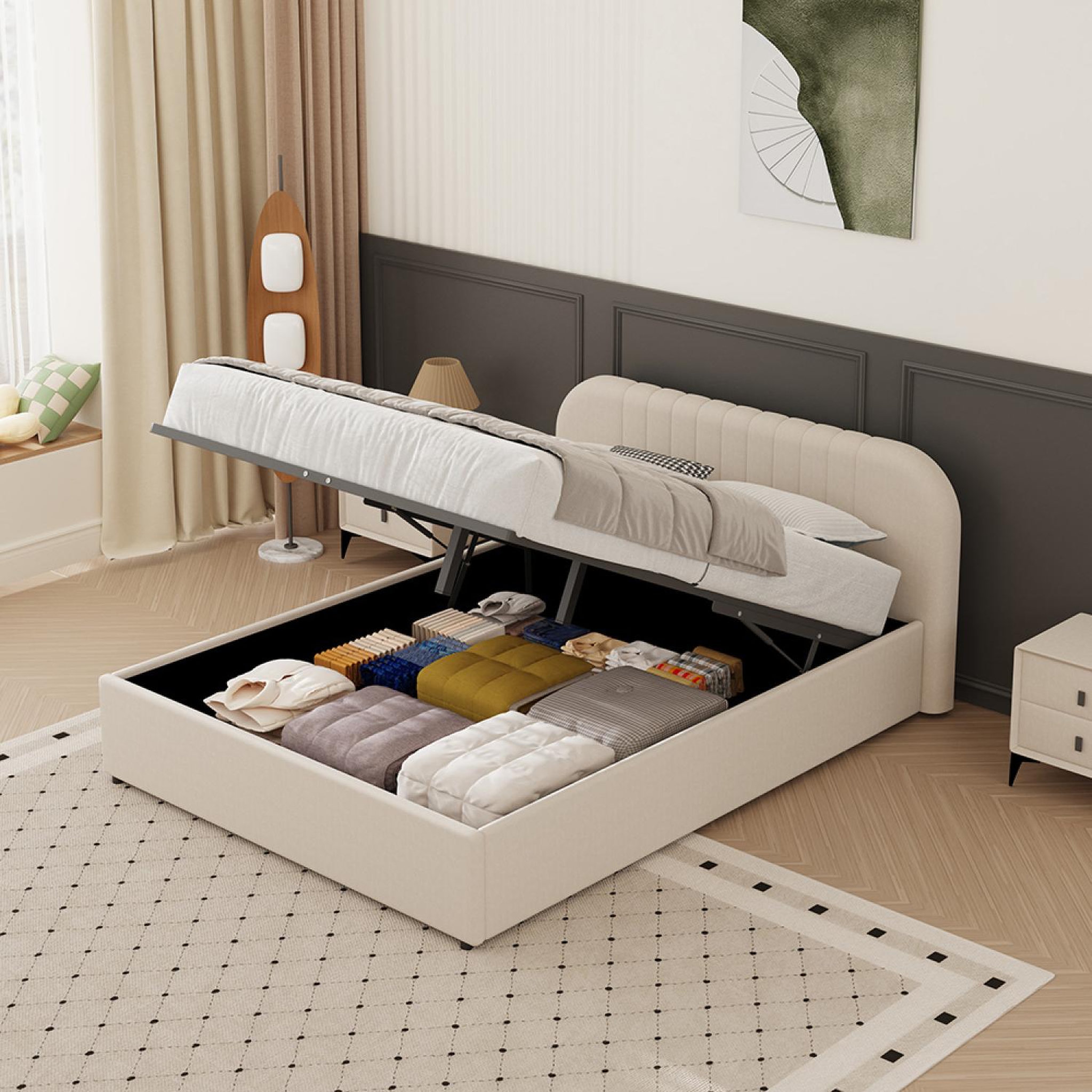 Voir la diapositive 6 : CONCEPT USINE Lit avec coffre de rangement 140x190cm en velours beige irvine