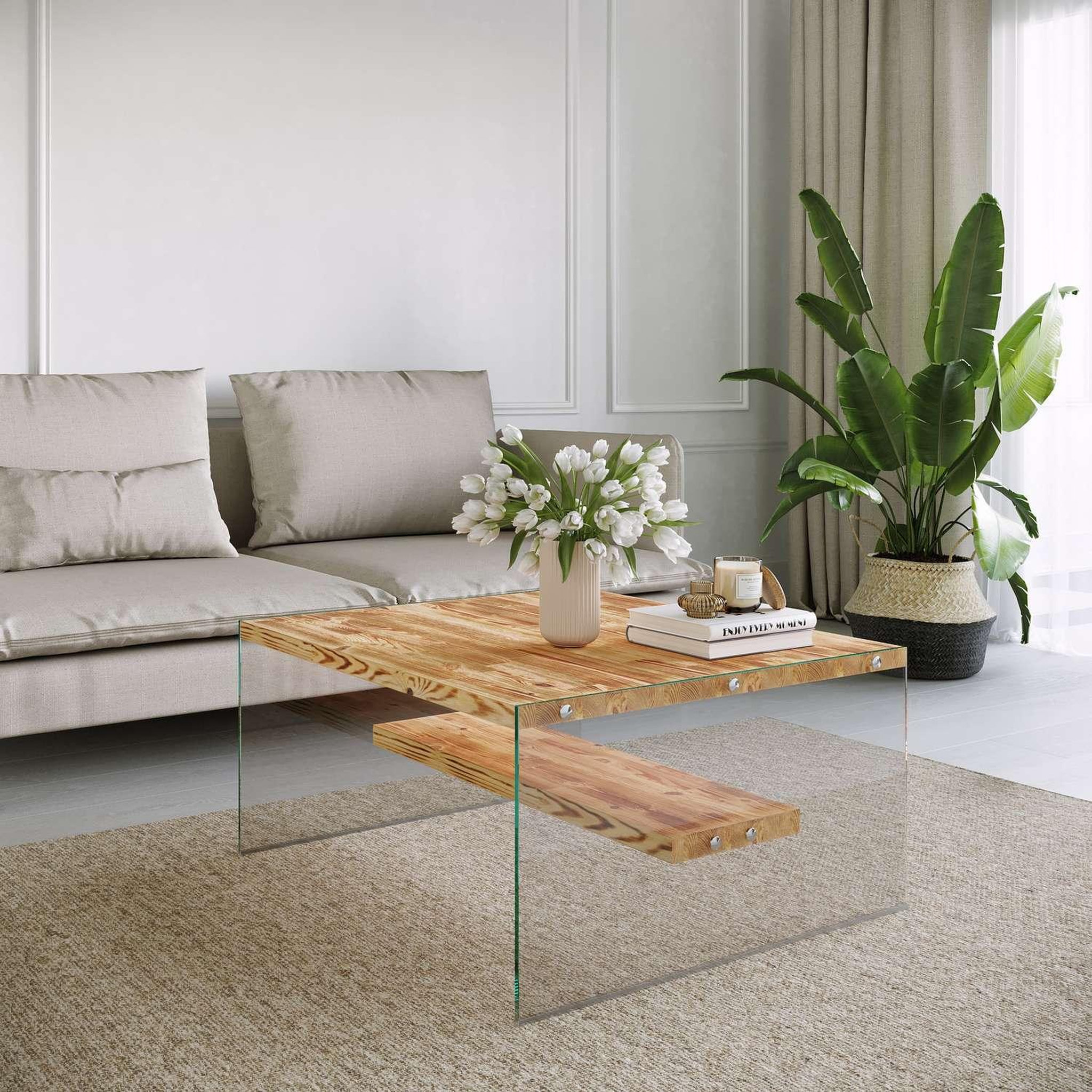 Voir la diapositive 5 : TOILINUX Table basse carrée 1 étagère crystallia en bois massif - marron clair
