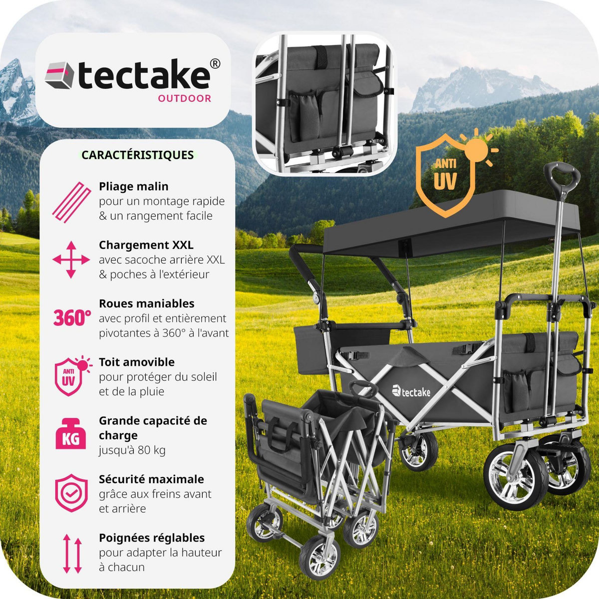 tectake Chariot de jardin et de transport pliable avec toit gris