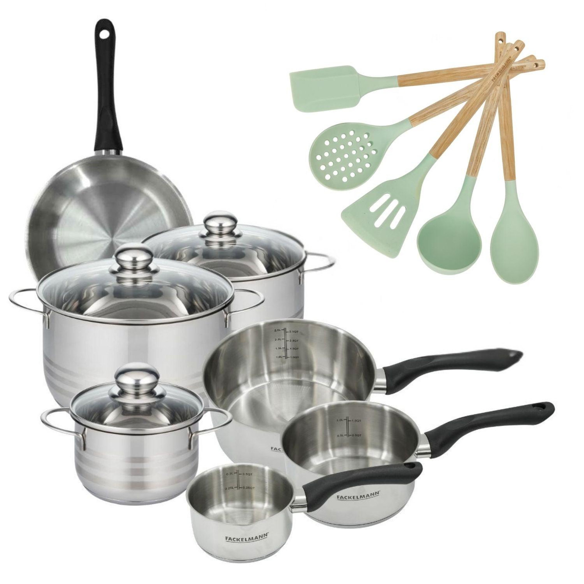 Fackelmann Lot de 1 poêle 20 cm, 3 faitouts 16/20/24 cm et 3 casseroles 12/16/20 cm fackelmann généva et 5 ustensiles océan