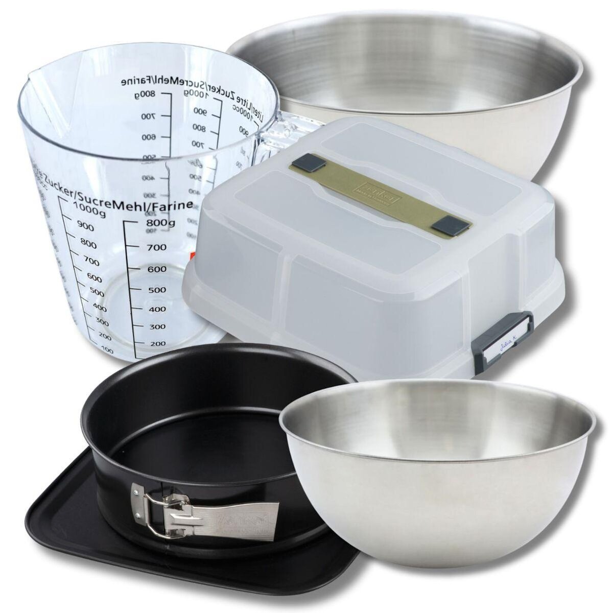 ZENKER Set pâtisserie moule à charnière rond 23 cm avec couvercle, 2 bols à mixer, verre mesureur et spatule Zenker
