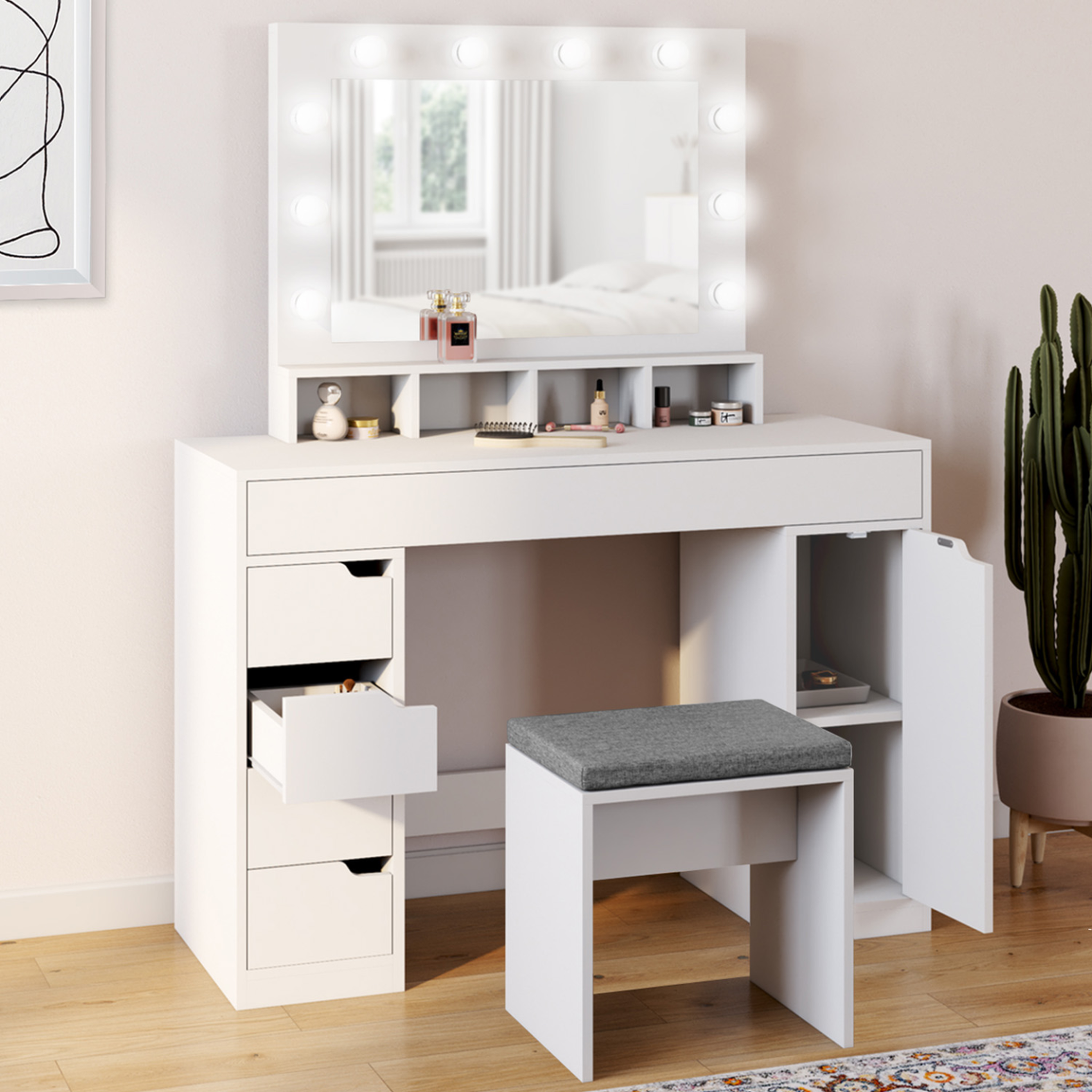 Voir la diapositive 2 : ID MARKET Coiffeuse zelia blanche miroir led avec 4 niches, 5 tiroirs, 1 caisson de rangement et tabouret rembourré