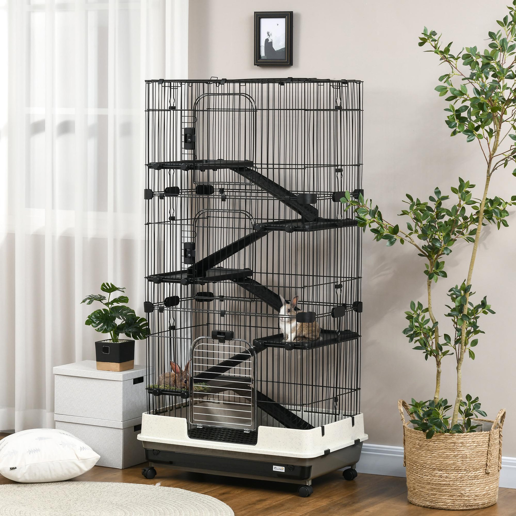 Voir la diapositive 2 : PAWHUT Cage pour cochons d'Inde chinchilla rongeur sur roulettes - 5 étages, 3 portes, plateau déjection - noir gris